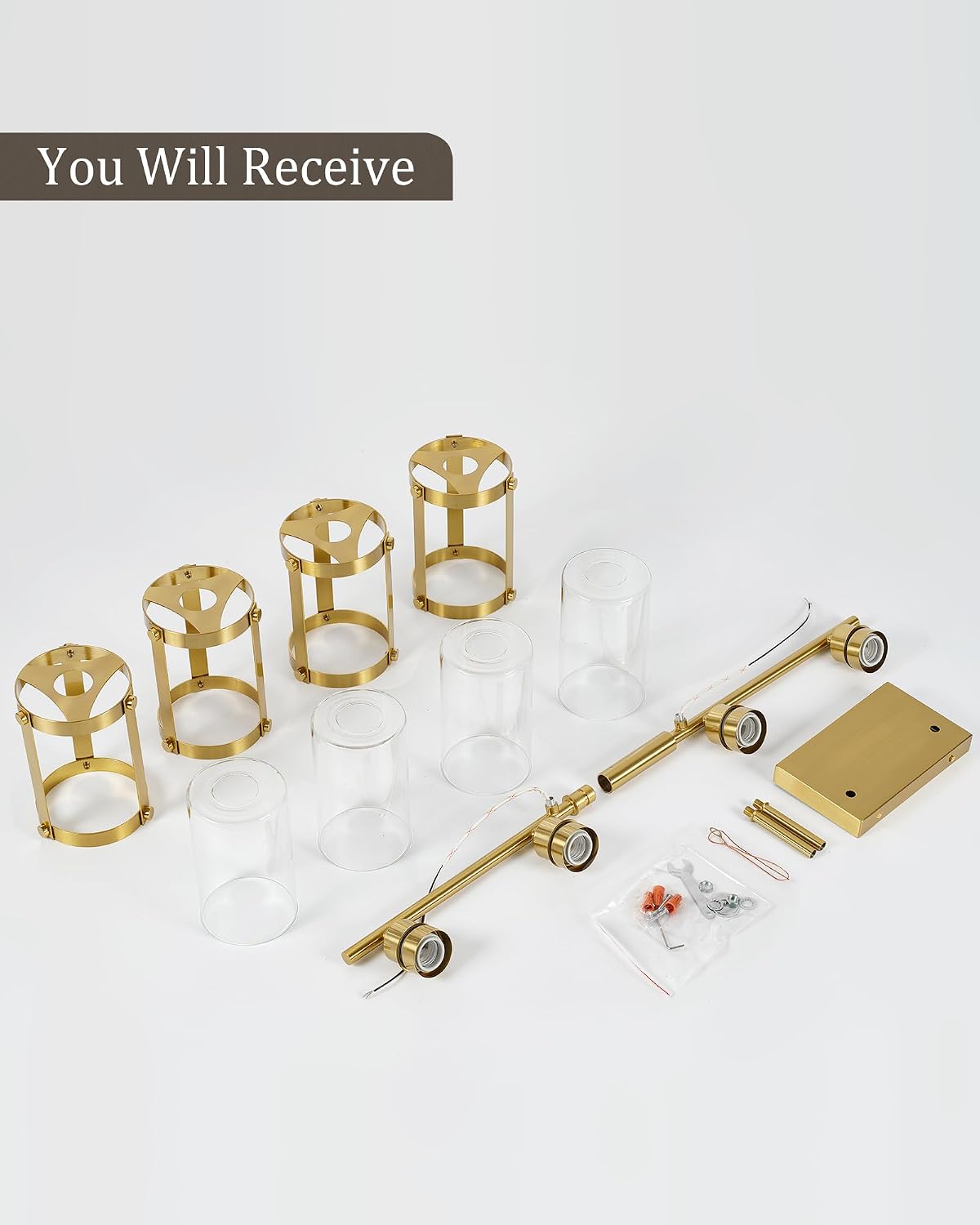 4-Light Brushed Gold Bathroom Light Fixtures with Clear Glass and Metal Cage, 29 Inch Modern Brass Vanity Lighting Over Mirror Wall Sconce Lights for Bath, E26, Rust-Proof, OS-3014BG-4W