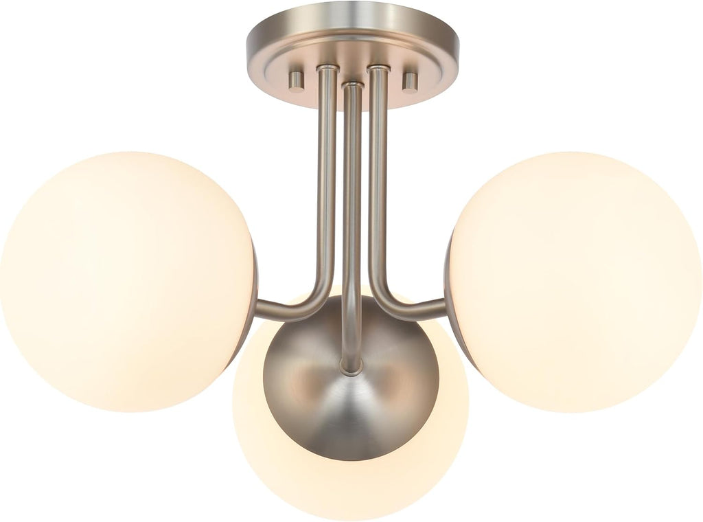 3 Light Semi Flush Mount Ceiling Light Fixture Brushed Nickel, Modern Globe Chandelier, Sputnik Farmhouse Lighting for Kitchen Bedroom Bathroom Living Room Corridor Laundry Room Bar …
