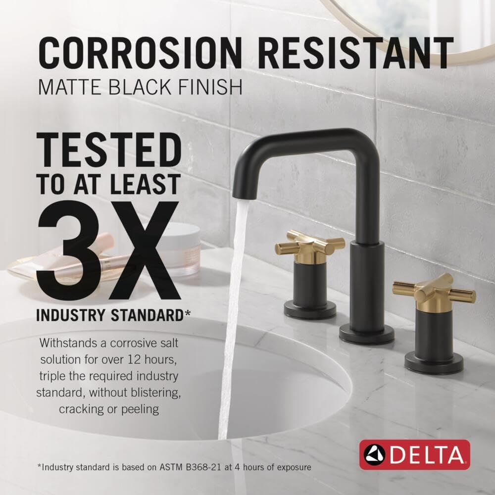 Delta Nicoli Matte Black/ Brushed Gold Bathroom Faucet 3 Hole, 8 Inch Widespread Bathroom Sink Faucet for Vanity, Push-Pop Drain Assembly, Matte Black/ Champagne Bronze 35894LF-GZ