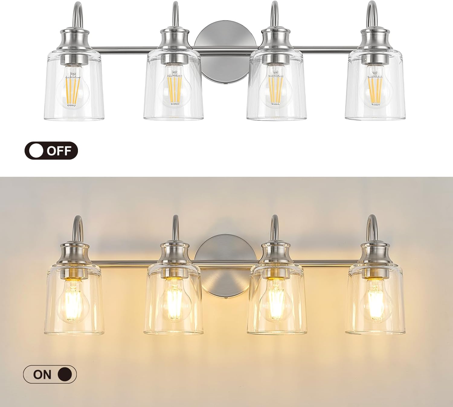 4 Lights Bathroom Light Fixtures Modern Brushed Nickel Vanity Lights for Bathroom Lighting Fixtures Over Mirror with Clear Glass Shade for Cabinet Mirror Bedroom Hallway
