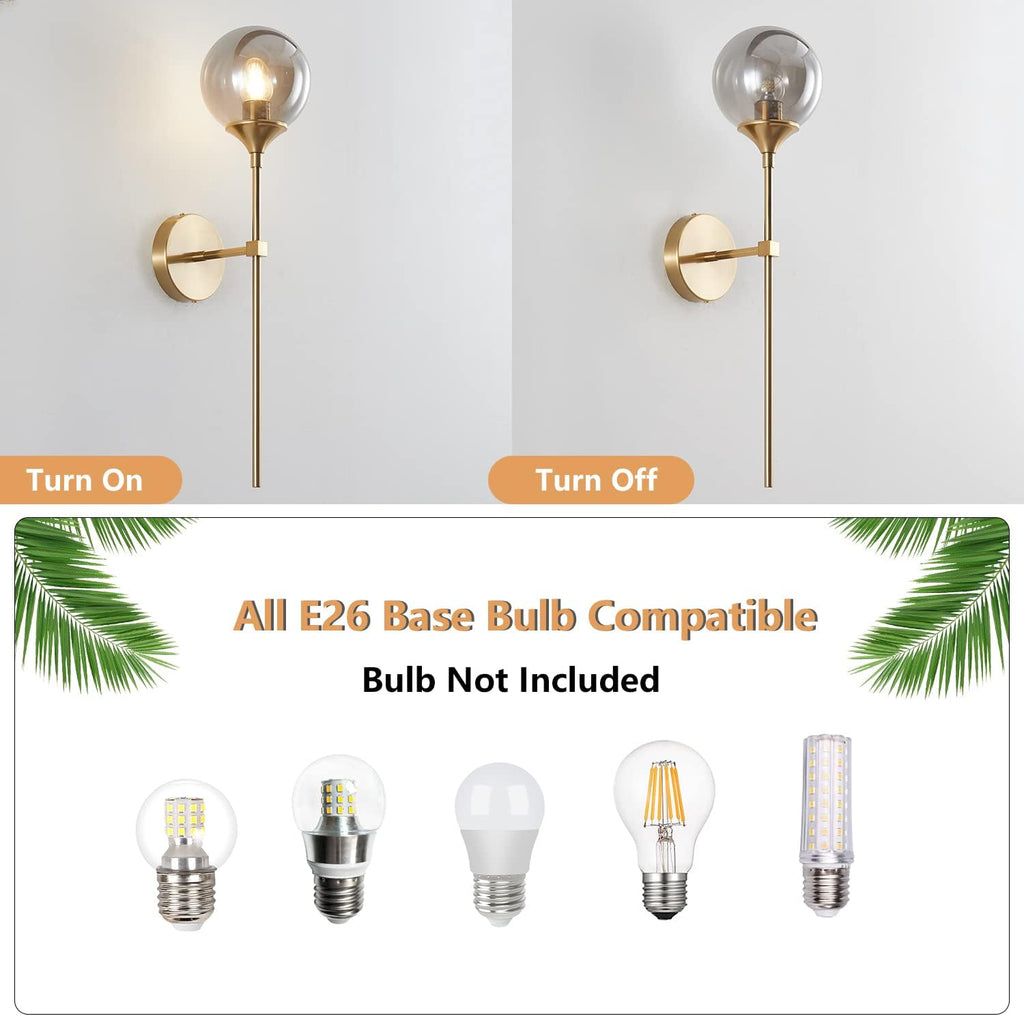 KCO Mid-Century Modern Wall Mounted Sconces Set of 2 Smoke Gray Glass Globe Wall Lamps with Long Arm Industrial Gold Wall Lights Fixture for Bedroom Bedside Stairway Hallway