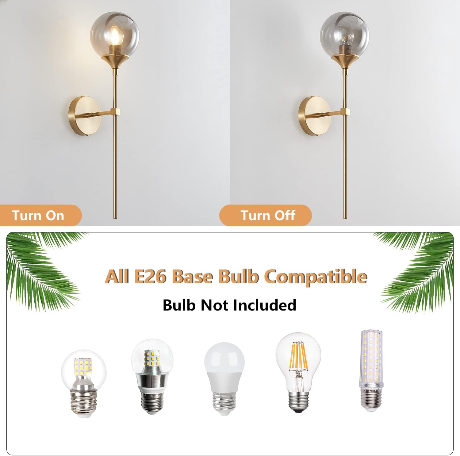 KCO Mid-Century Modern Wall Mounted Sconces Set of 2 Smoke Gray Glass Globe Wall Lamps with Long Arm Industrial Gold Wall Lights Fixture for Bedroom Bedside Stairway Hallway