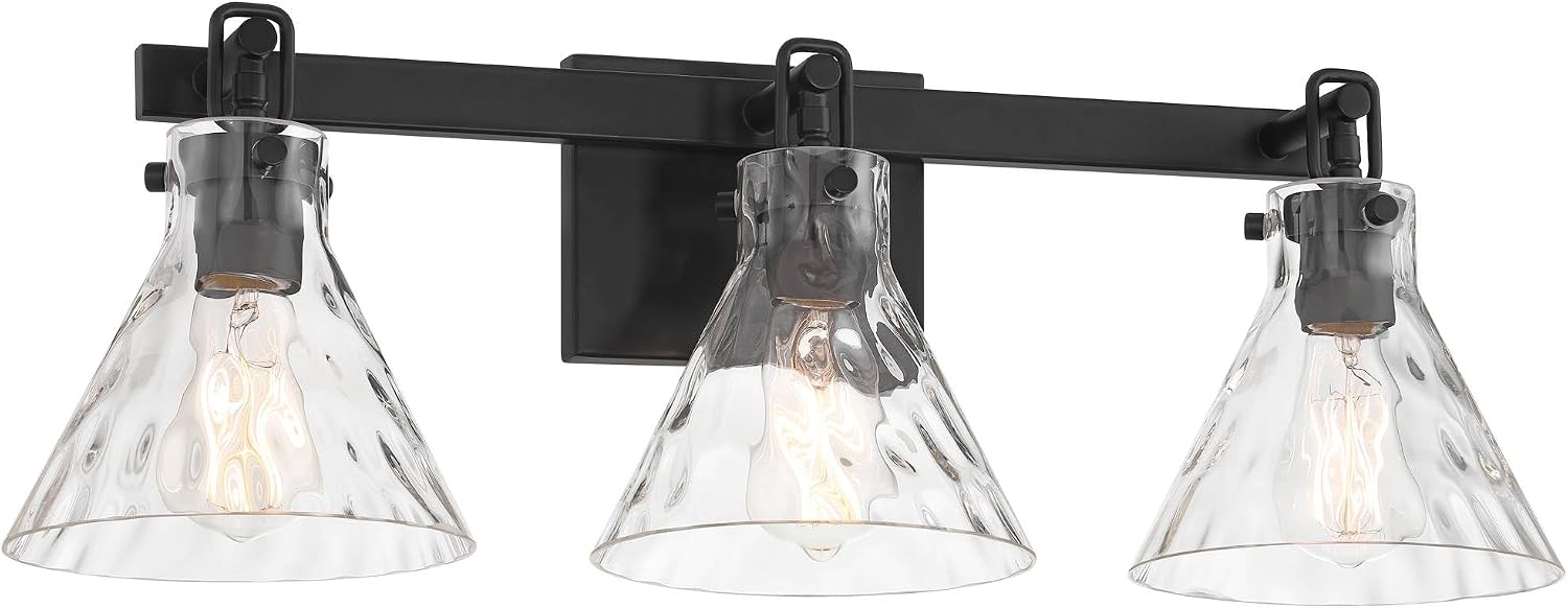 Possini Euro Design Ishii 26' High Modern 3 Light Bathroom Vanity Wall Lamp Light Fixture Mount Over The Sink Mirror Hardwired Cordless Matte Black Clear Glass Shade Indoor Entry-Way