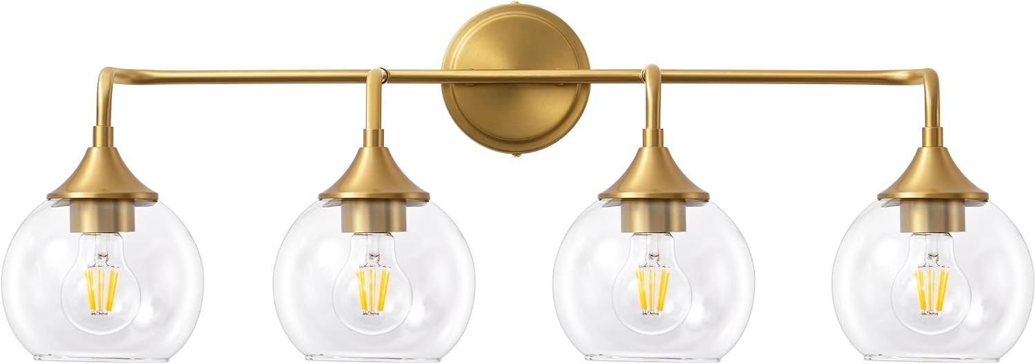 Bathroom Vanity Light Gold, 4 Light Bathroom Light Fixtures Over Mirror with Clear Glass Shade, 31 inch Vanity Lights for Bathroom Farmhouse (Exclude E26 Bulb)