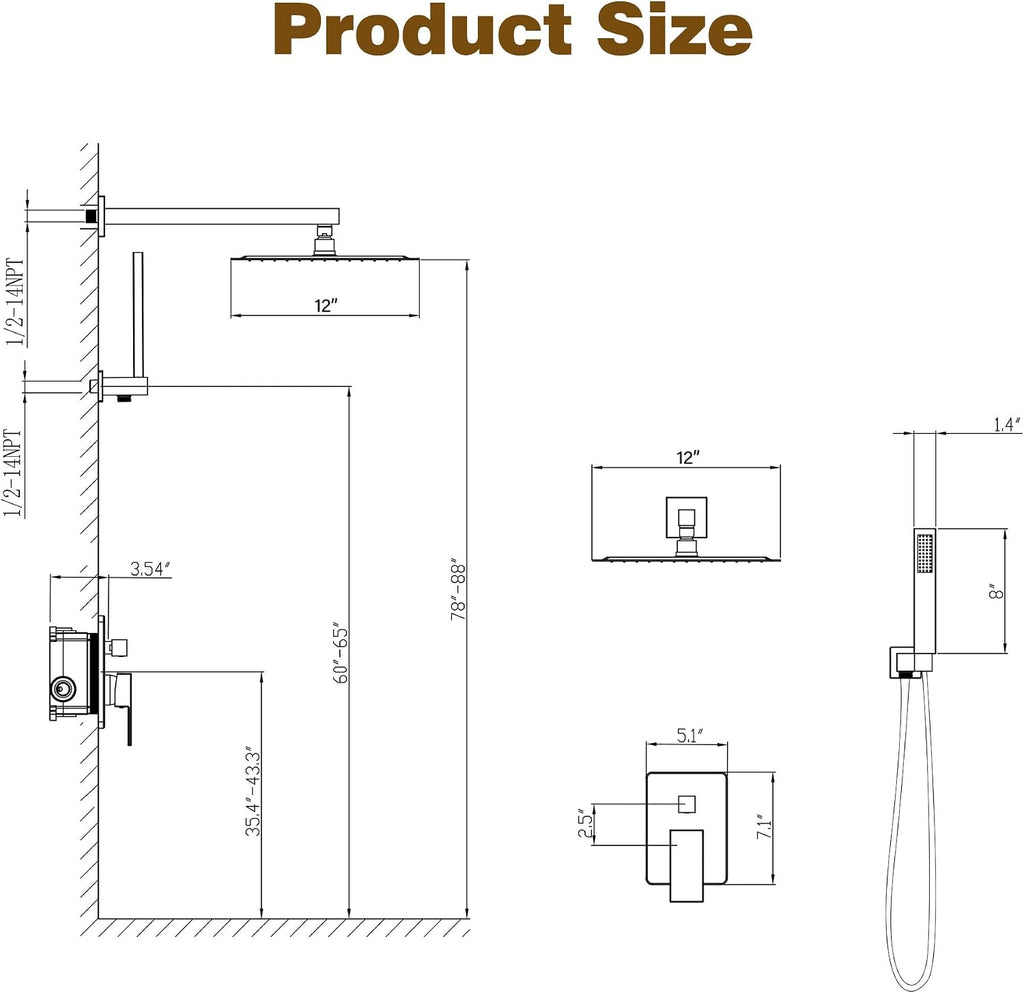 ESNBIA Gold Shower System, 12 Inches Shower faucet Set with Pressure Balance Shower Valve, High Pressure Gold Shower Head and Handle Set, Wall Mounted Shower Fixtures, Brushed Gold