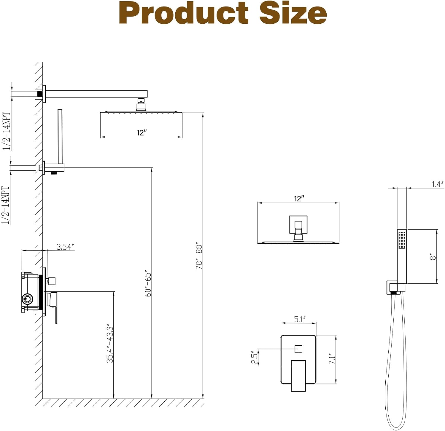 ESNBIA Gold Shower System, 12 Inches Shower faucet Set with Pressure Balance Shower Valve, High Pressure Gold Shower Head and Handle Set, Wall Mounted Shower Fixtures, Brushed Gold