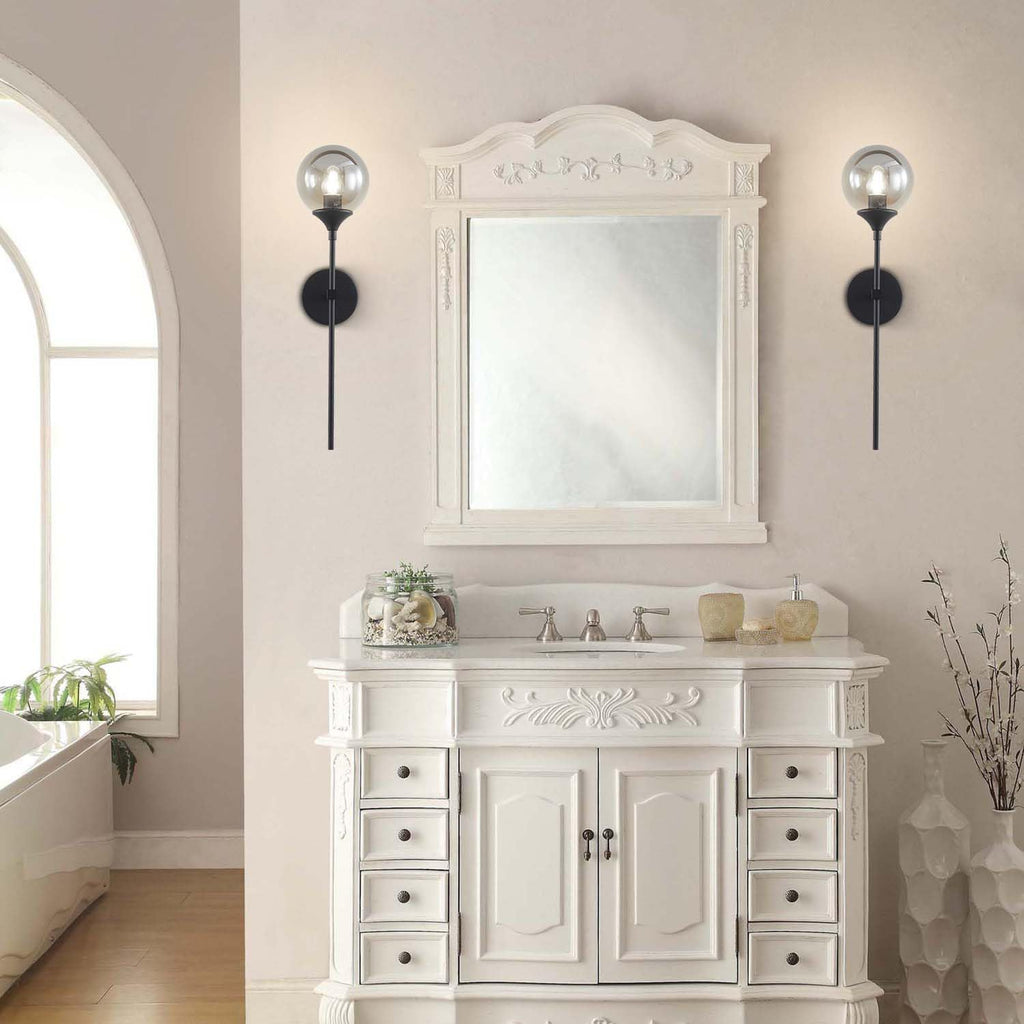 KCO Lighting 1-Light Matte Black Mid Century Wall Sconce Set of Two Modern Bathroom Vanity Globe Wall Light Set of 2 Vintage Smoke Gray Glass Wall Bedroom Wall Lamp