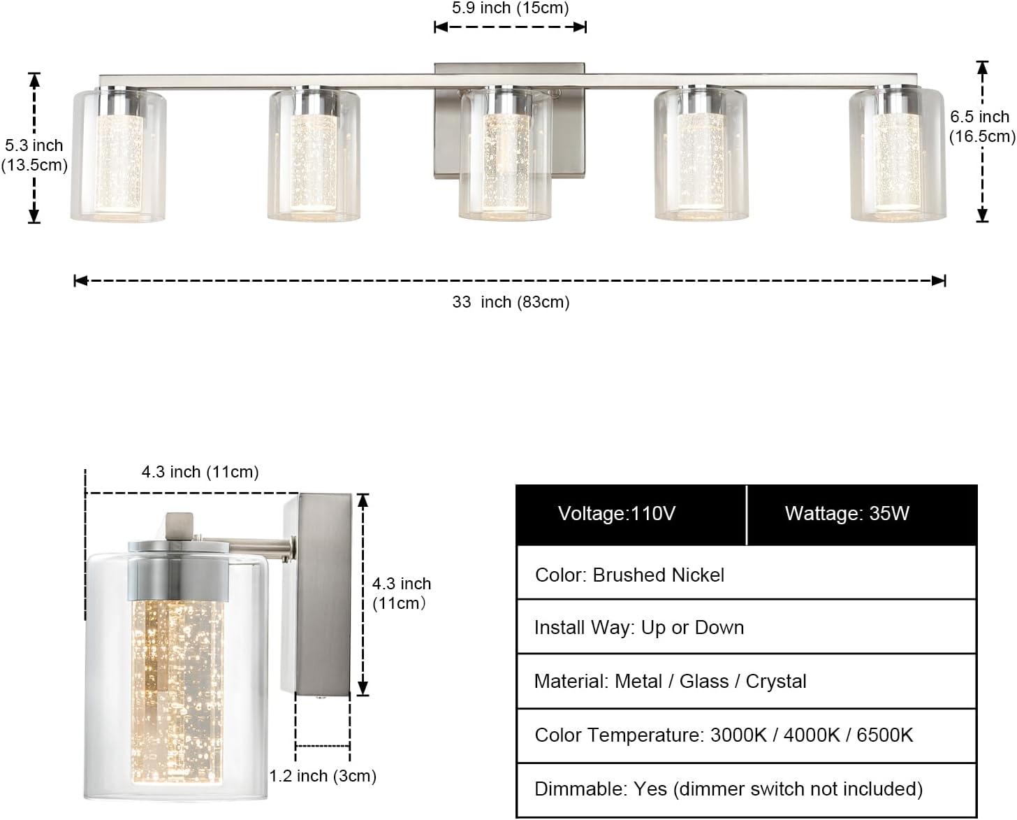 SineRise 5-Light Brushed Nickel Vanity Light with 3 Color Modes (3000K/4000K/6000K), Eye Protection LED Bathroom Light Fixture, Dimmable Modern Wall Light Over Mirror with Clear Glass Shade