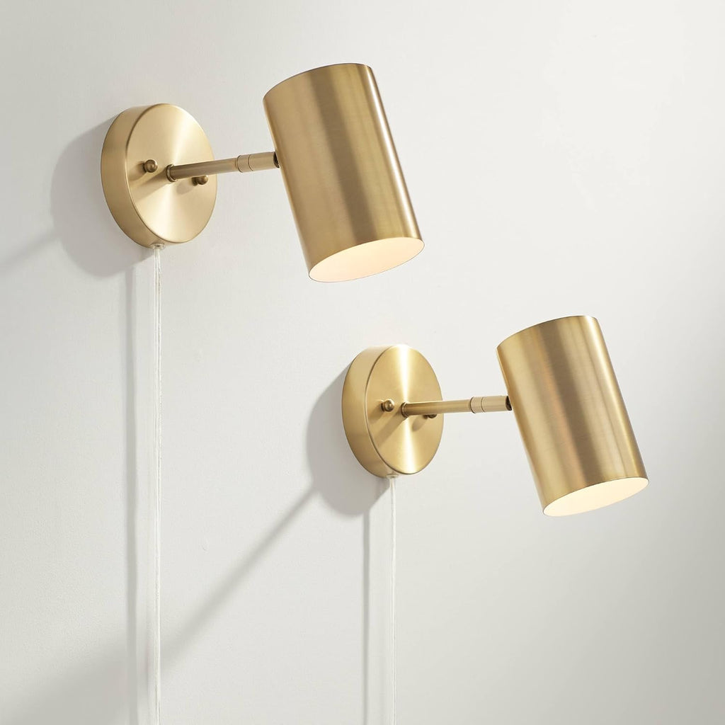 360 Lighting Carla Modern Wall Lamps Set of 2 Polished Brass Plug-in 5' Fixture Adjustable Cylinder Metal Shade for Bedroom Bedside House Reading Living Room Home Hallway Dining Decor