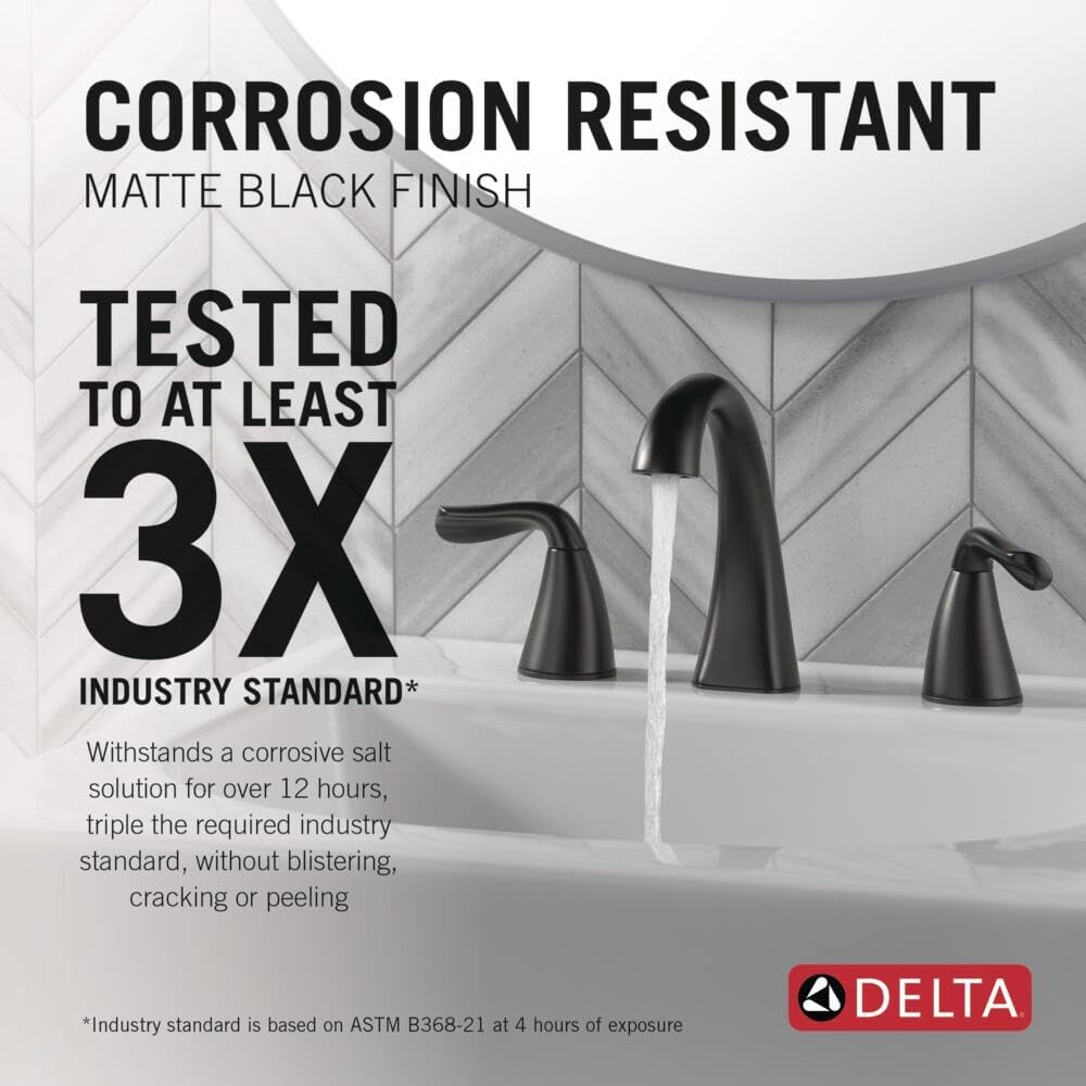 Delta Arvo Matte Black Bathroom Faucet 3 Hole, 8 Inch Widespread Bathroom Sink Faucet for Vanity, Push-Pop Drain Assembly, Matte Black 35840LF-BL