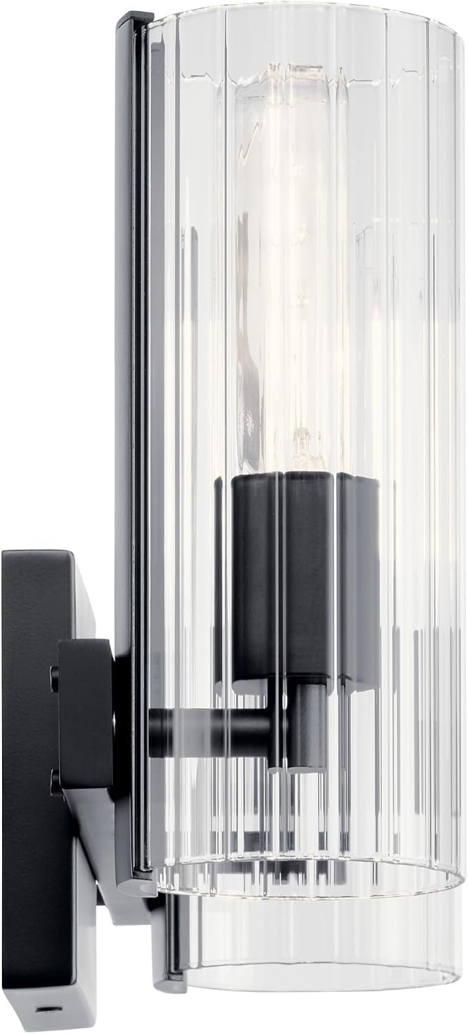 Kichler Jemsa 2-Light Bathroom Vanity Light Fixture with Clear Fluted Glass in Black, Modern Wall Mount Light for Bathroom or Powder Room (9.75' x 13.75'), 55167BK
