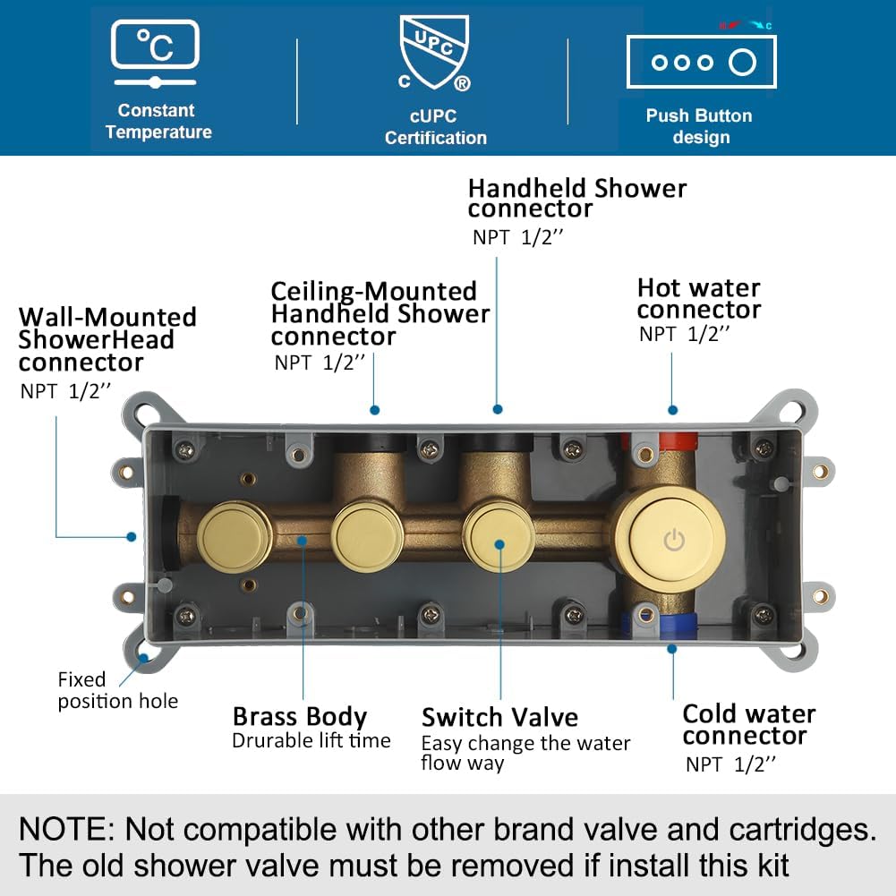 Brushed Gold Shower Faucet Set, Push Button Diverter Shower System, 12 Inch Ceiling Shower Head with 6 Inch Wall Mounted Shower Head and Handle Set, Include Shower Valve and Trim Kit