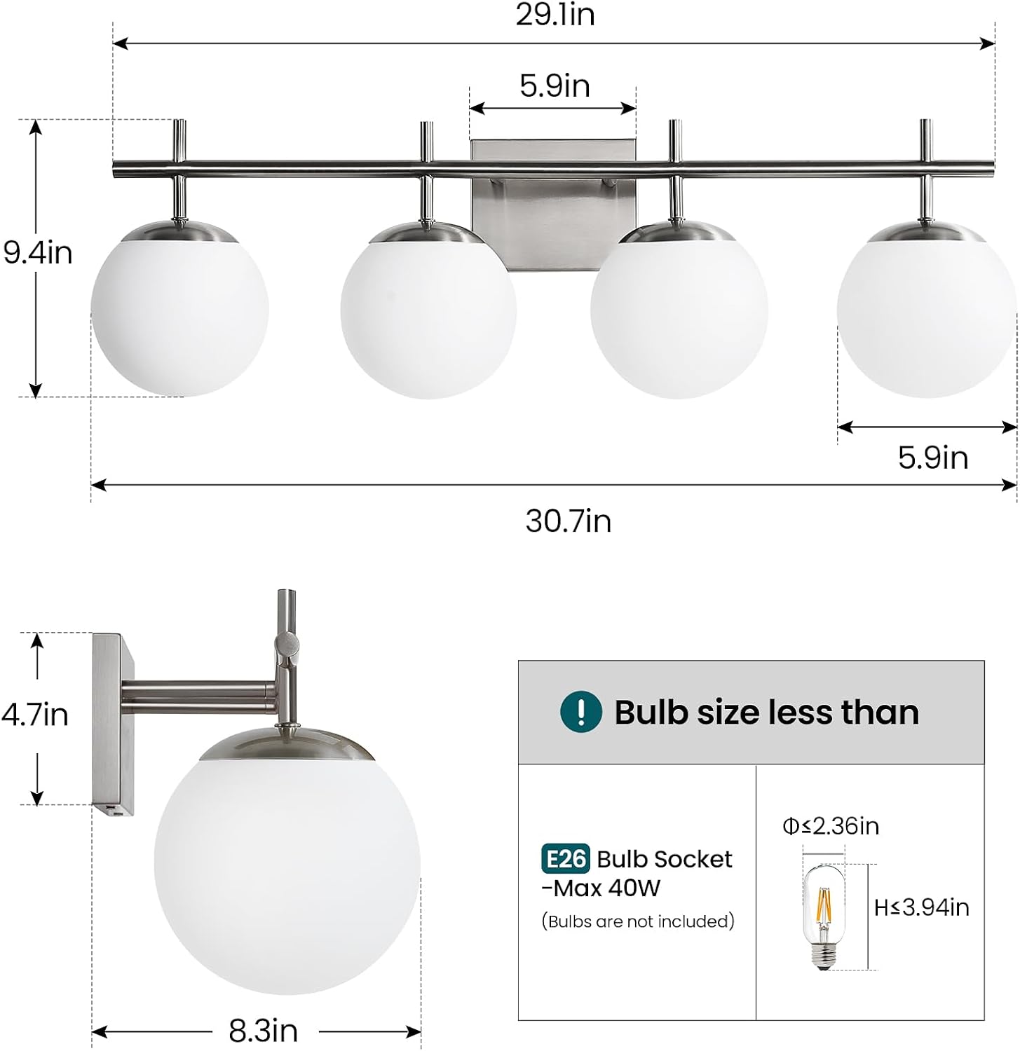 AIJIASI Bathroom Vanity Light, 4-Light Brushed Nickel Vanity Lights, 30.7 Inch Modern Bathroom Light Fixtures with Milky White Glass Globe Shade, Vanity Lighting Fixtures Over Mirror Wall Sconce