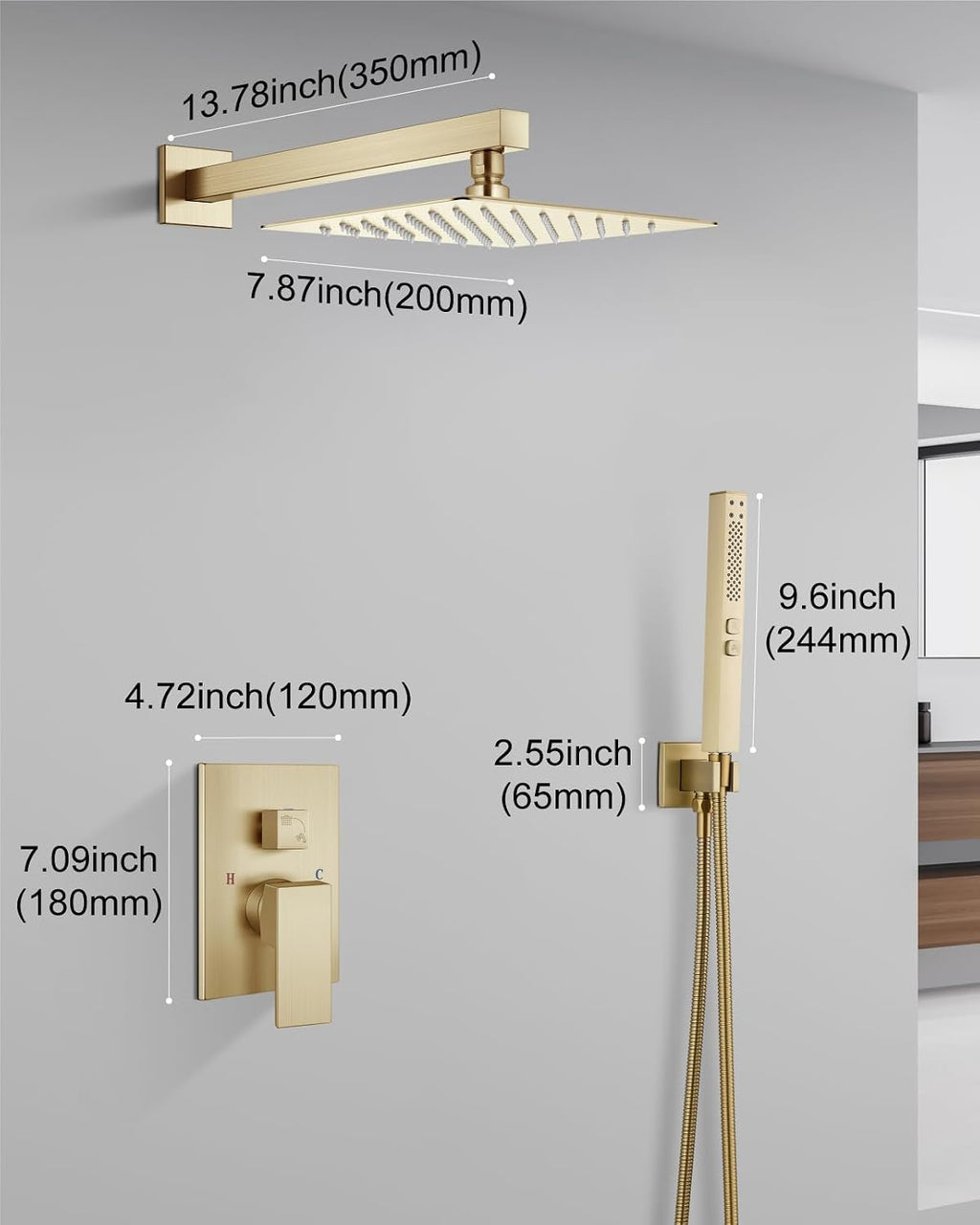 Shower Faucet Set Rainfall Shower System with Square Showerhead and Handle Set Fixture with 2 in 1 Function Handheld Sprayer Wall Mounted Trim Repair Kit Rough-in Valve 8 Inch Brushed Gold