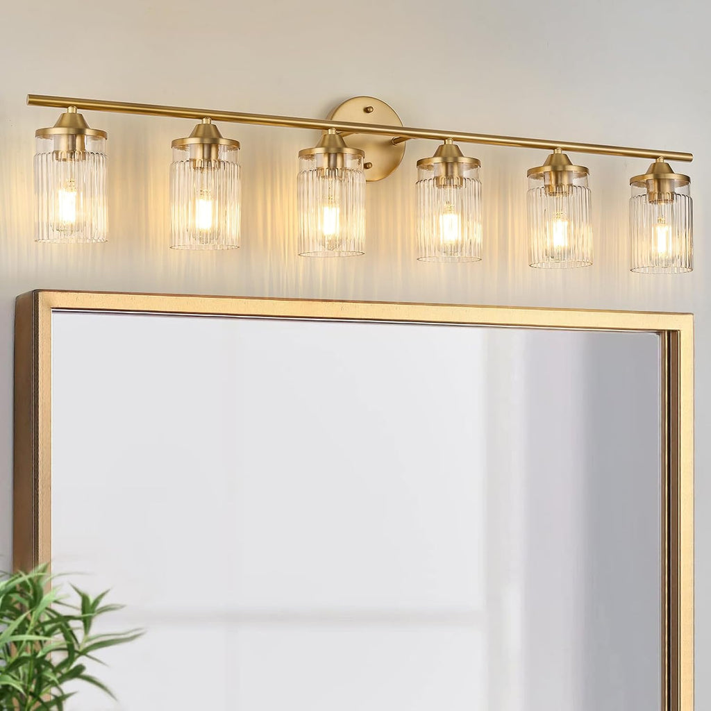 Jonsi Gold Bathroom Light Fixtures 6-Light Vanity Lights Modern Wall Sconce with Clear Glass Shade Brushed Brass Bathroom Light Fixture Over Mirror for Bedroom Hallway Kitchen