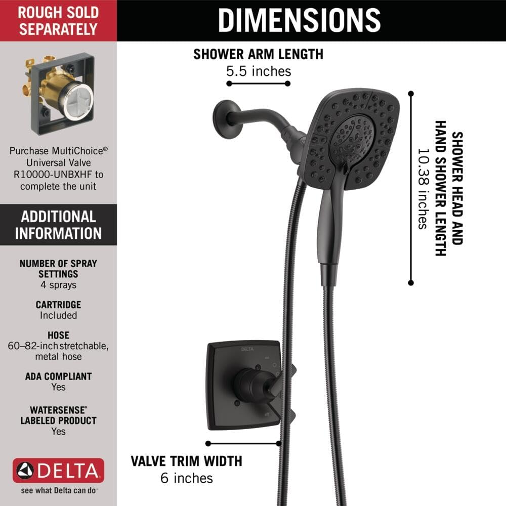 DELTA Faucet Ashlyn 17 Series Dual-Handle Shower Trim Kit with In2ition 2-in-1 Head with Handheld Spray, Matte Black Fixture, T17264-BL-I (Valve Not Included)