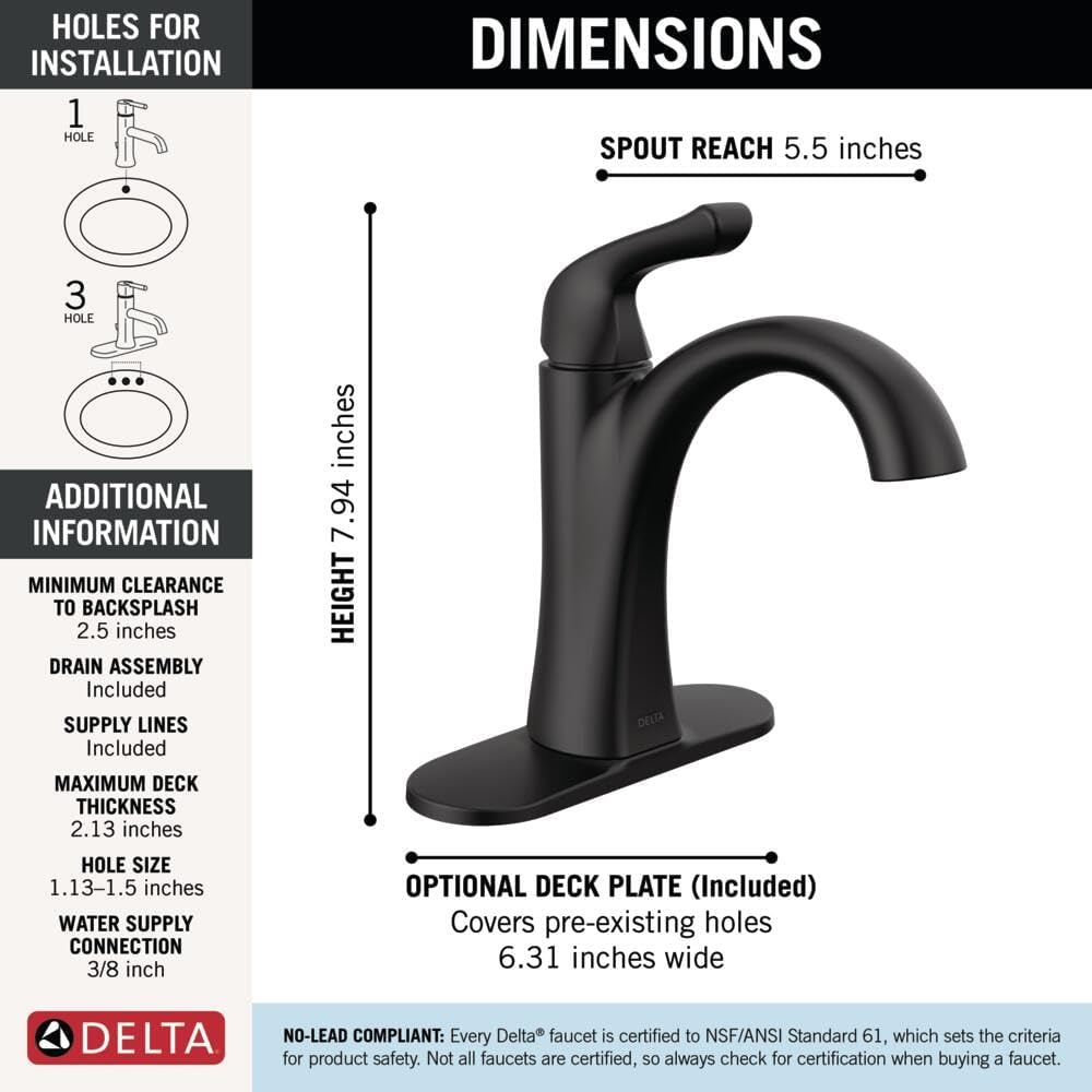 Delta Arvo Matte Black Bathroom Faucet 1 Hole, Single Hole Bathroom Sink Faucet for Vanity, Push-Pop Drain Assembly, Matte Black 15840LF-BL