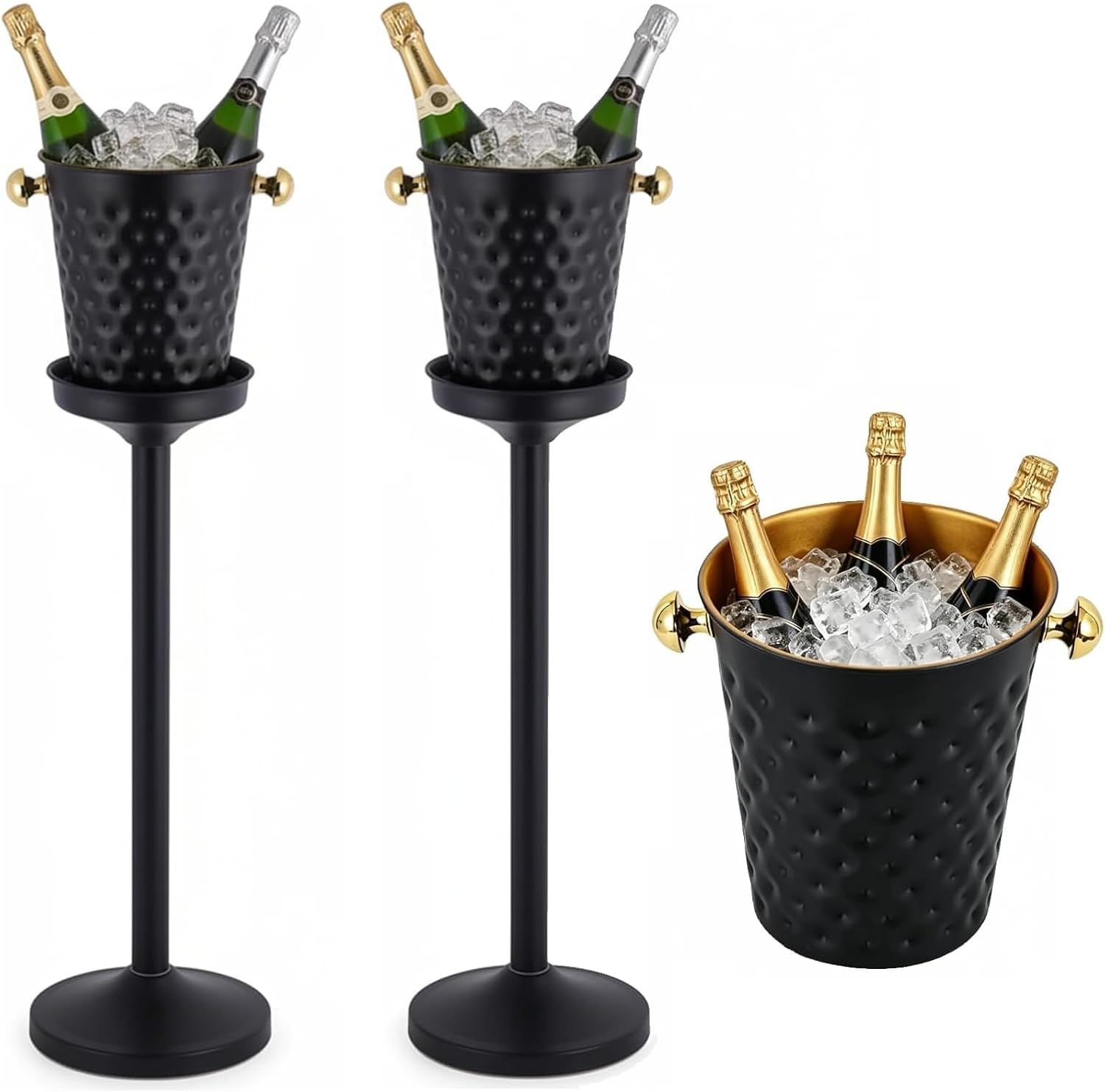 2 Pack Stainless Steel Champagne Ice Bucket with Stand, 92cm/32in Height Black Gold Wine Chiller, 15LB Heavy Duty Ice Bucket Set with Handle for Bar, KTV, Club, Party, Wedding & Commercial Use
