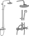 gotonovo Exposed Bathroom Shower Faucet Set Shower Fixture 8 Inch Rainfall Shower Head Handheld Shower Cross Handle Wall Mount 2 Functions Polished Chrome