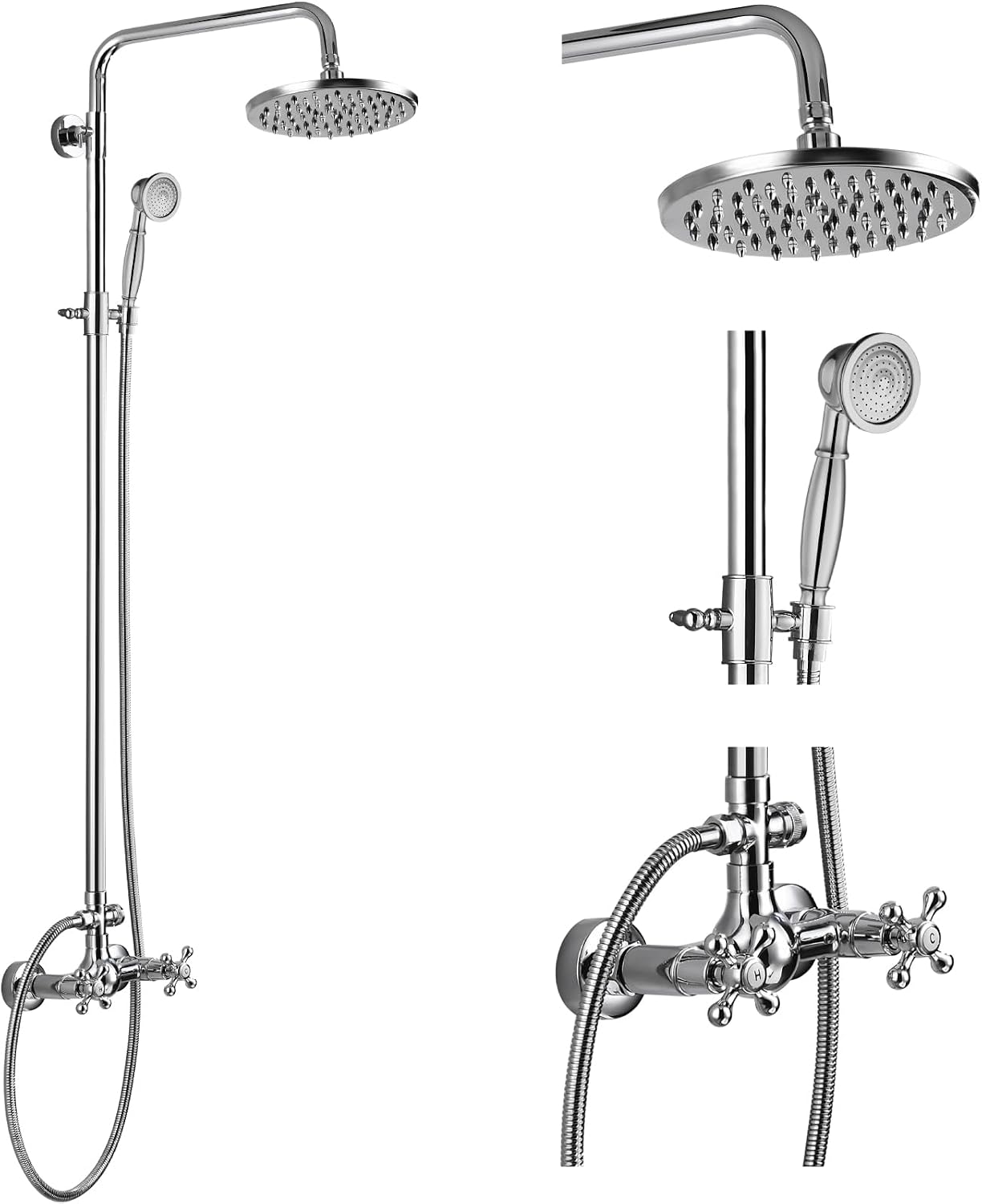 gotonovo Exposed Bathroom Shower Faucet Set Shower Fixture 8 Inch Rainfall Shower Head Handheld Shower Cross Handle Wall Mount 2 Functions Polished Chrome