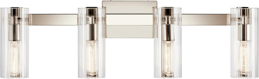 Kichler Jemsa 4-Light Bathroom Vanity Light Fixture with Clear Fluted Glass in Polished Nickel, Modern Wall Mount Light for Bathroom Over Mirror (9.75' x 32'), 55169PN