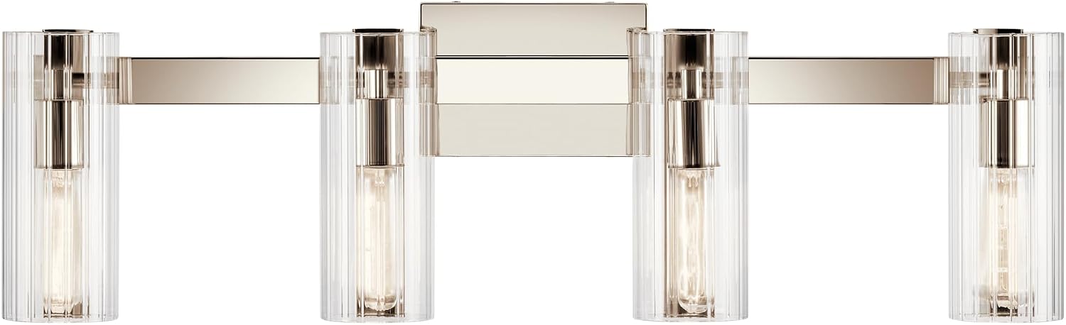 Kichler Jemsa 4-Light Bathroom Vanity Light Fixture with Clear Fluted Glass in Polished Nickel, Modern Wall Mount Light for Bathroom Over Mirror (9.75' x 32'), 55169PN