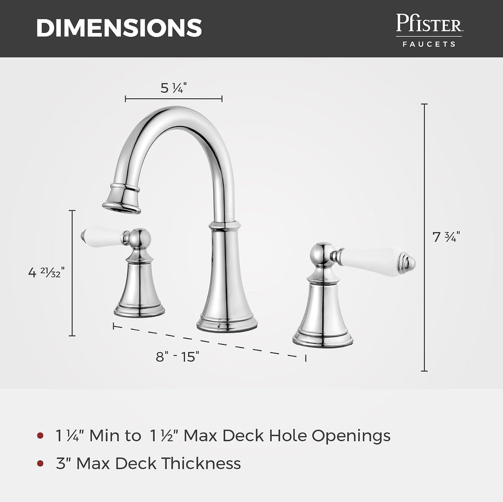 Pfister Courant 8 in Widespread 3 Hole Bathroom Sink Faucet 2 Handle Polished Chrome NSF Certified WaterSense Push & Seal Drain 360 Degree Swivel Spout LF049COPC