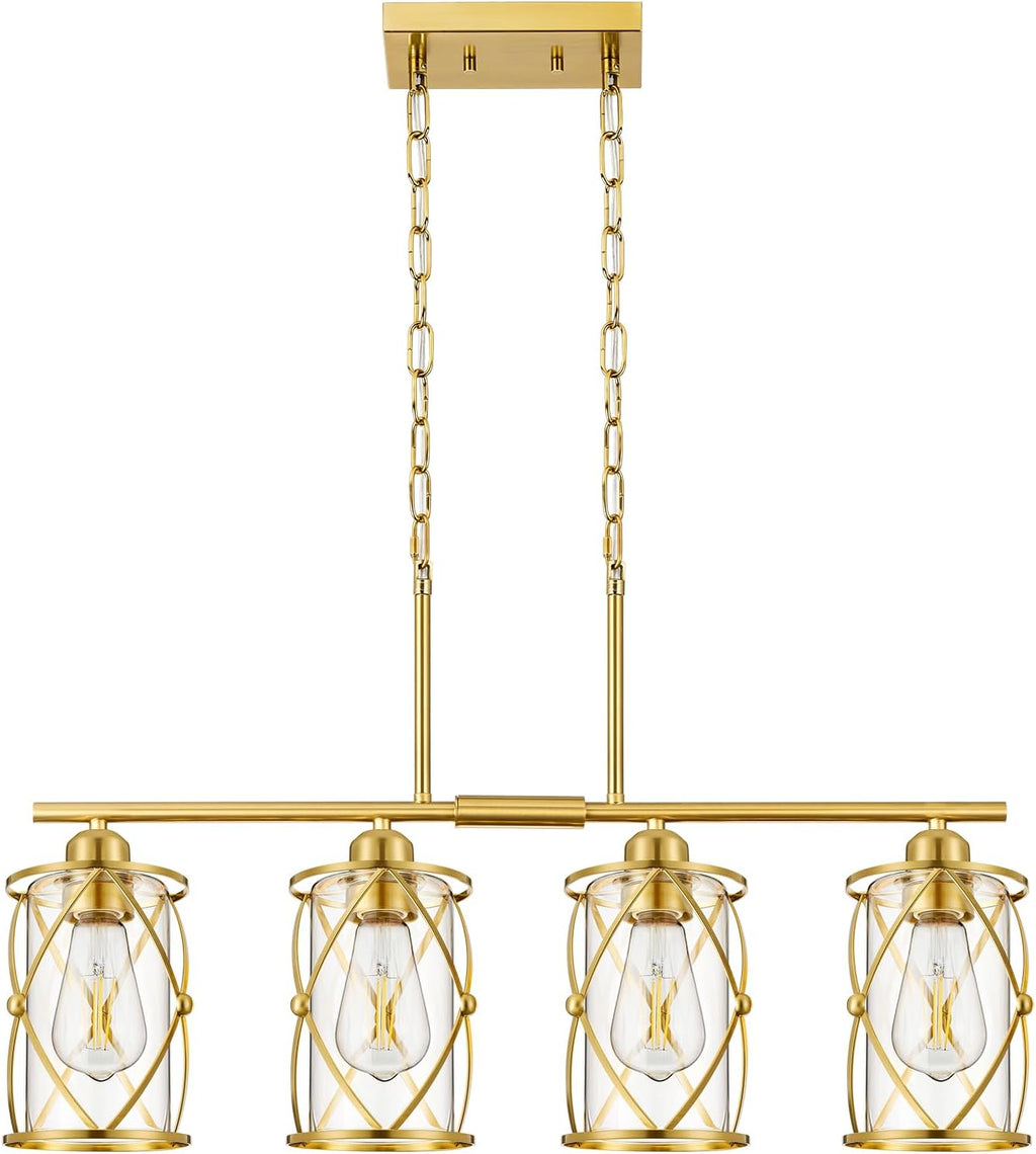 4-Light Kitchen Island Lighting, Modern Brushed Gold Dining Room Light Fixtures with Clear Glass, Farmhouse Industrial Linear Chandelier Pendant Light with Adjustable Chain, CH9176BG-4IS