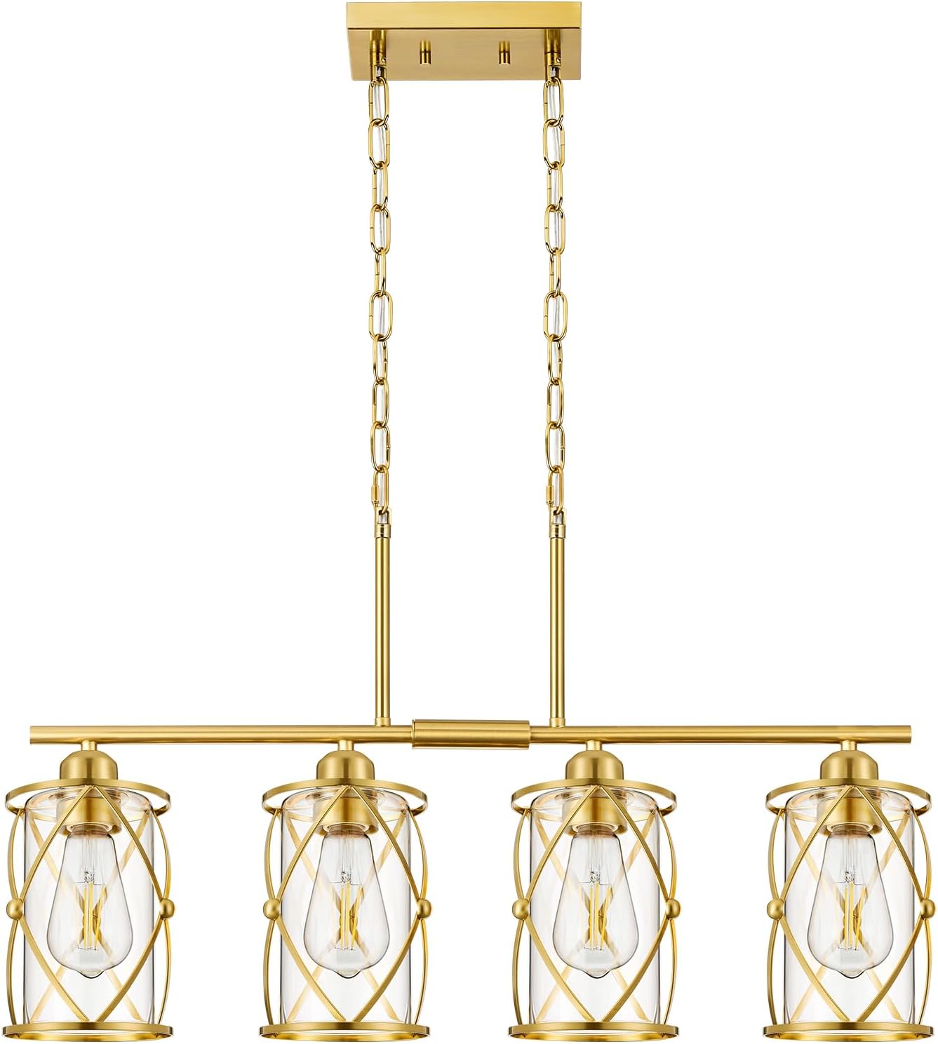 4-Light Kitchen Island Lighting, Modern Brushed Gold Dining Room Light Fixtures with Clear Glass, Farmhouse Industrial Linear Chandelier Pendant Light with Adjustable Chain, CH9176BG-4IS