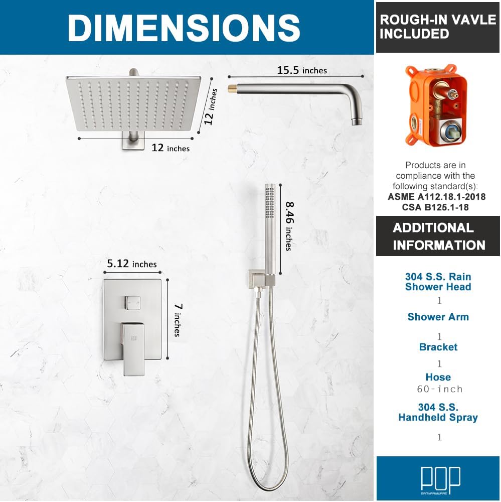 Shower Faucet Set Brushed Nickel Rainfall 12 Inch Shower Head and Handle Set Bathroom Rain Shower System Wall Mounted Shower Fixture Include Shower Valve and Trim Kit