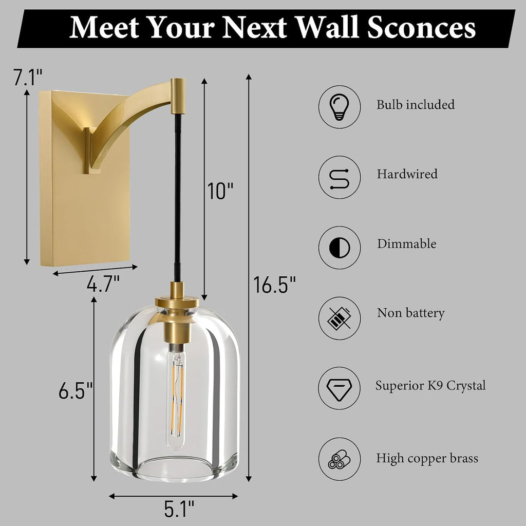Crystal Brass Hemisphere Wall Sconce - Gold Brushed Dimmable Sconces with Bulbs - Modern Hanging Light Decor - Luxury Indoor Lighting Fixture for Bedroom Living Room Bathroom Vanity Hallway