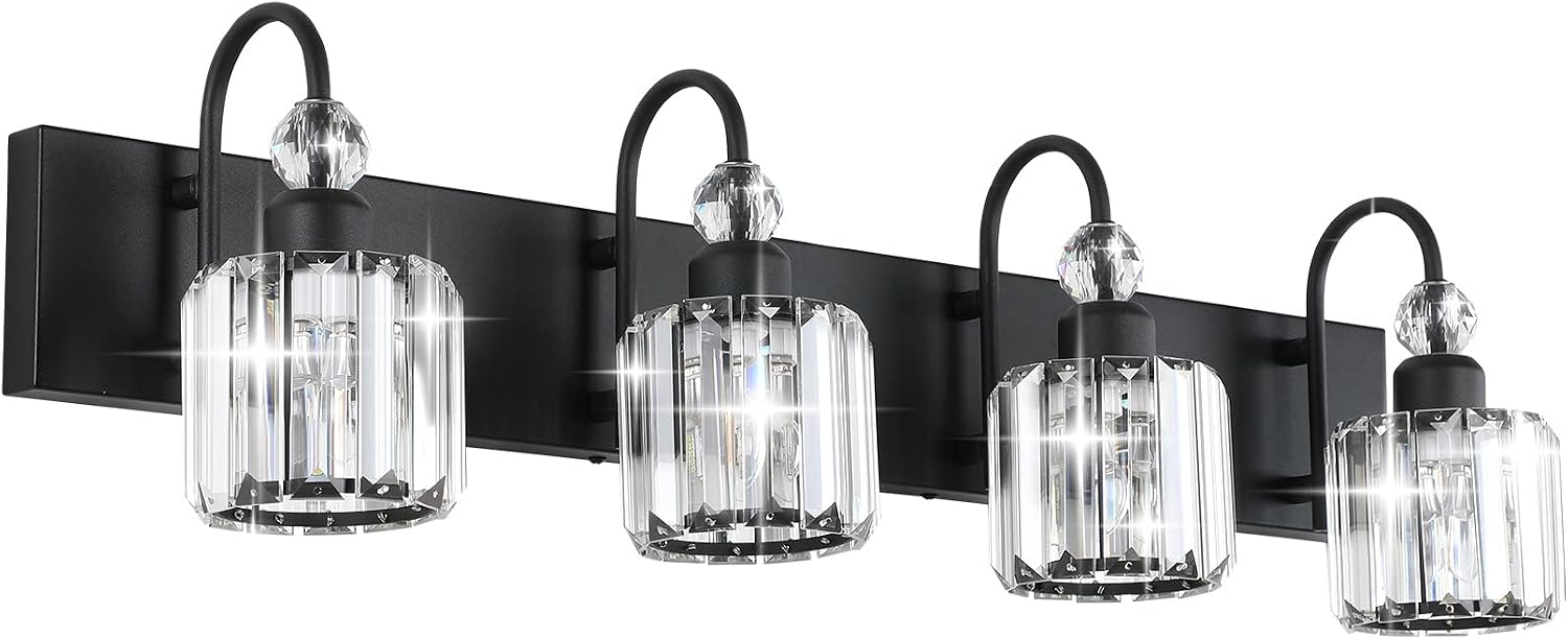 Ralbay Modern Black Vanity Light - 4-Light Crystal Bathroom Wall Light Fixtures in Matte Black