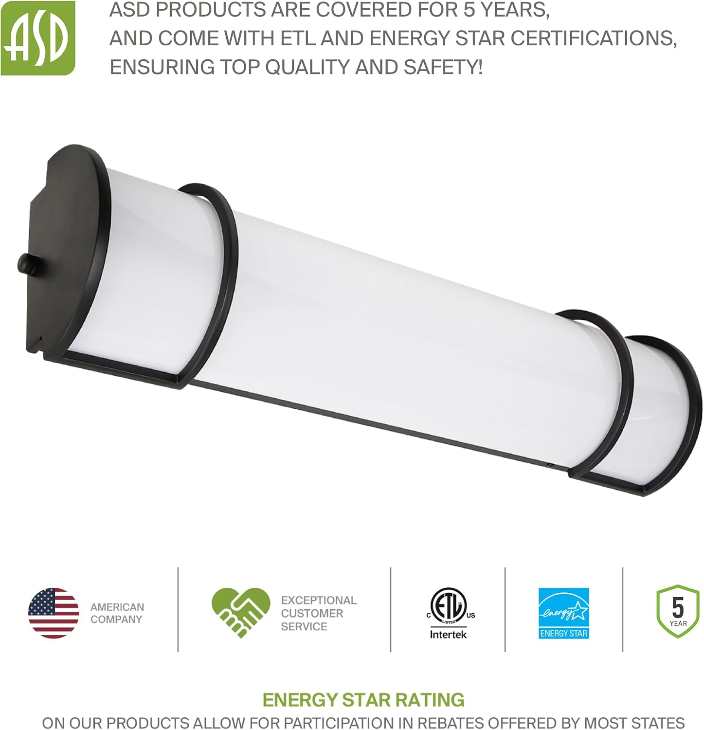 ASD LED 18' Vanity Flush Mount Light Fixture, Linear Bathroom Lighting Bar | 3CCT, Dimmable, Energy Star, ETL Listed | 20W 1650LM 3000-5000K 120V | Long Bath Wall Sconce Over Mirror | Black, 4 Pack