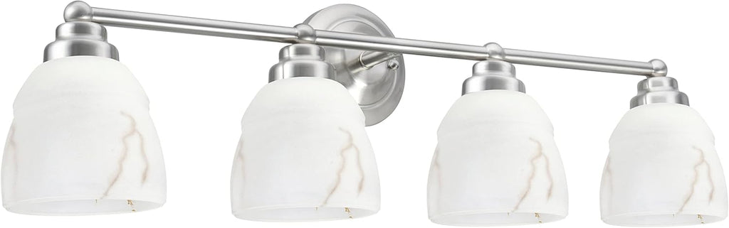 Aspen Creative Satin Nickel 62193-1, Four Metal Bathroom Vanity Wall Light Fixture, 4 3/4' Wide, Transitional Design Faux Alabaster Glass Shade