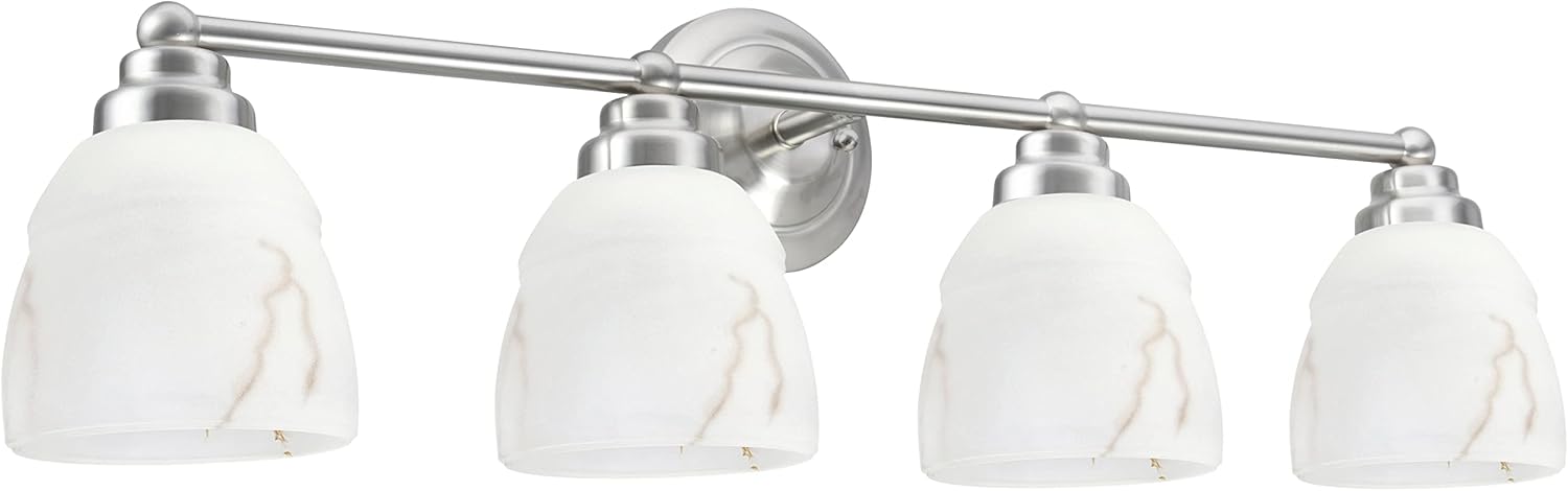 Aspen Creative Satin Nickel 62193-1, Four Metal Bathroom Vanity Wall Light Fixture, 4 3/4' Wide, Transitional Design Faux Alabaster Glass Shade