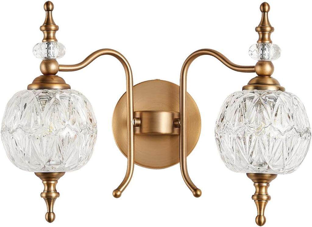 2-Light Vintage Crystal Bathroom Wall Sconces, Matte Brushed Antique Brass Finish Retro Wall Sconce Light with Crystal Glass Shade for Bathroom