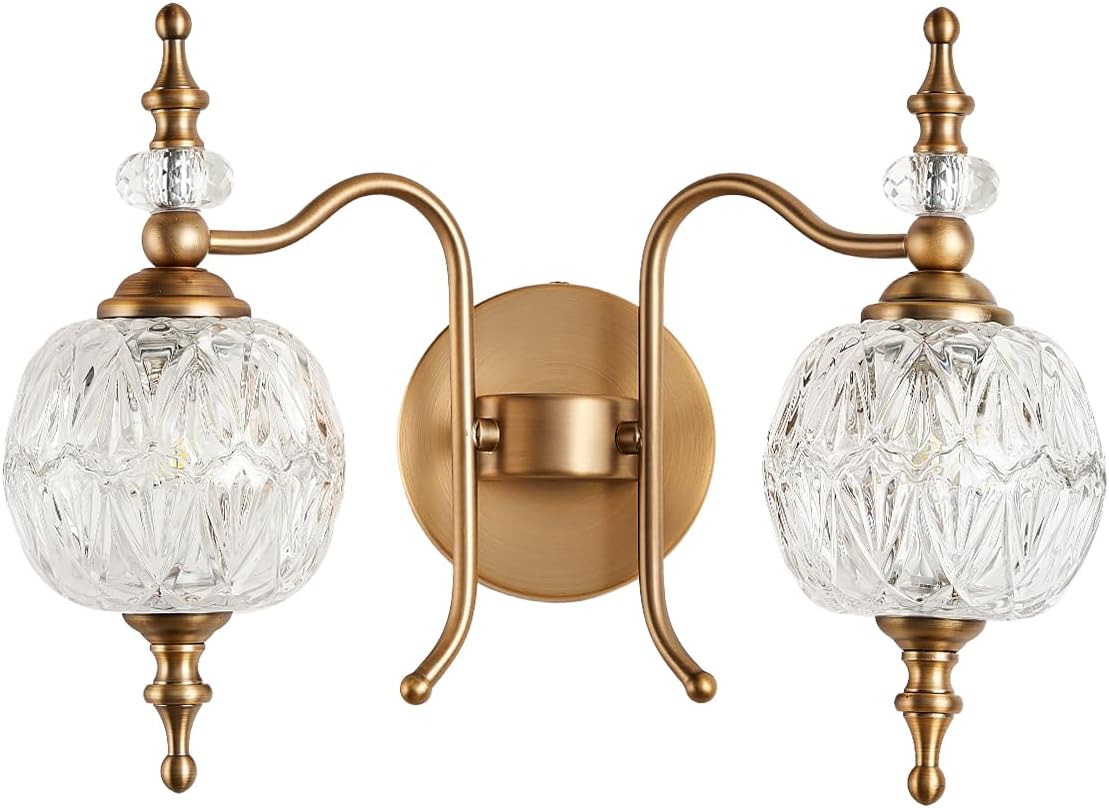 2-Light Vintage Crystal Bathroom Wall Sconces, Matte Brushed Antique Brass Finish Retro Wall Sconce Light with Crystal Glass Shade for Bathroom