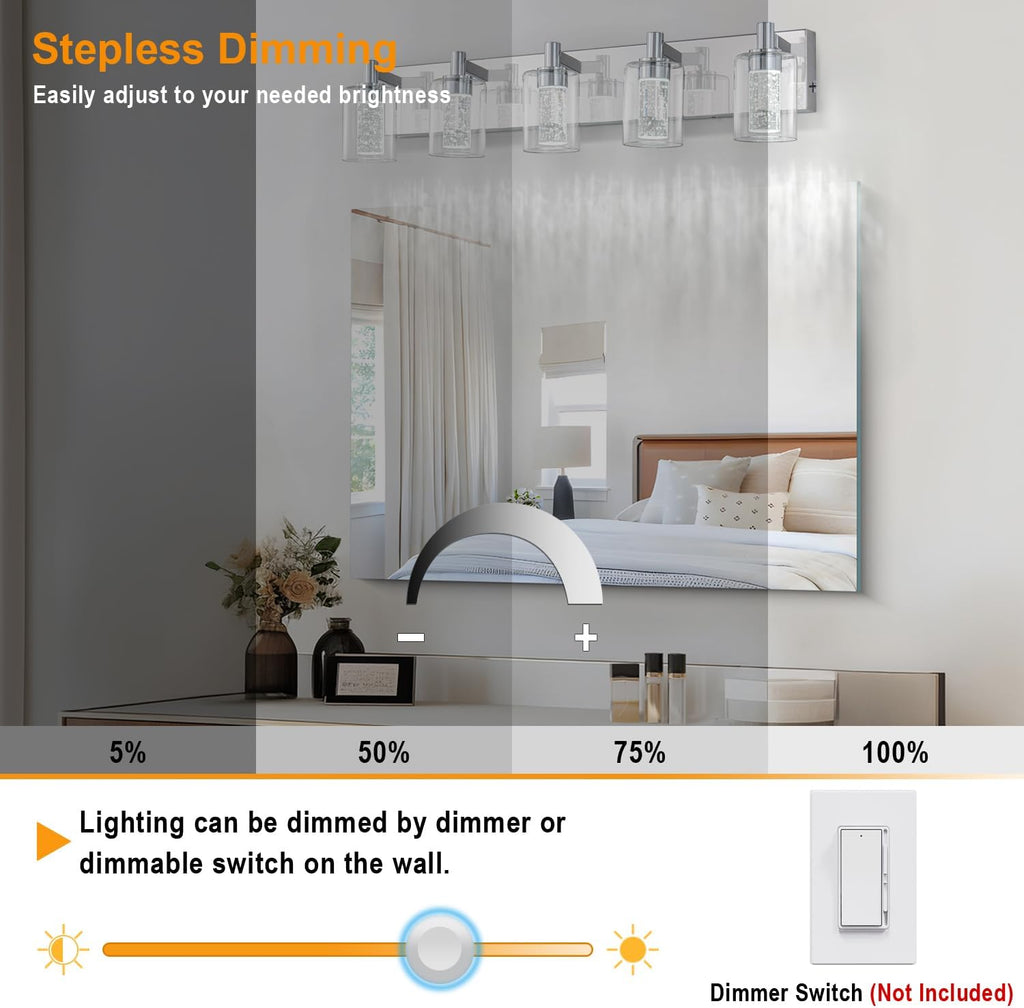 SineRise Vanity Light with 3 Color Modes (3000K/4000K/6000K), Eye Protection LED Bathroom Light Fixture, Dimmable Modern Wall Light Over Mirror with Clear Glass Shade (Chrome, 5-Light)