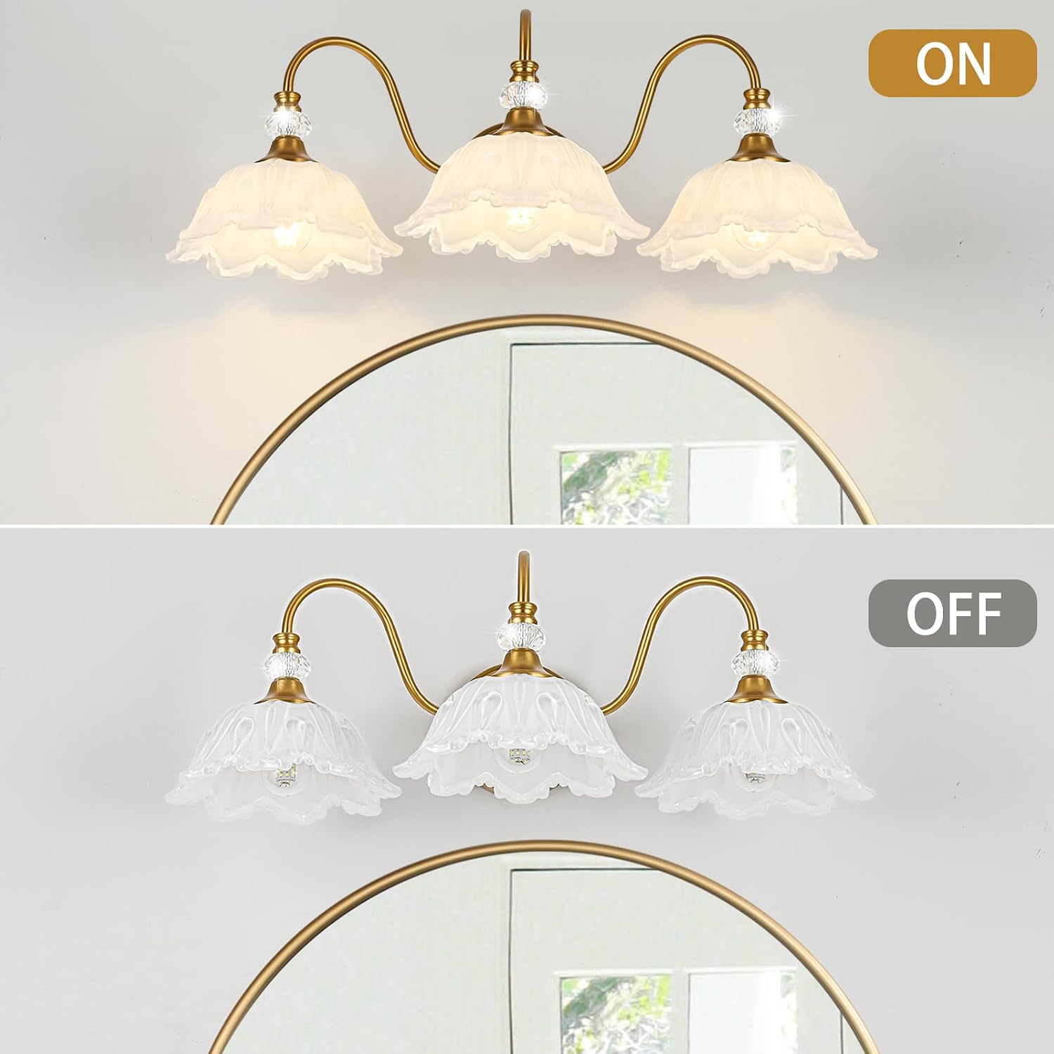 Vintage Bathroom Vanity Light, 3-Light Matte Brass Finish Vanity Light with Floral White Glass Shades, Retro Wall Sconce for Bathroom, Dressing Table