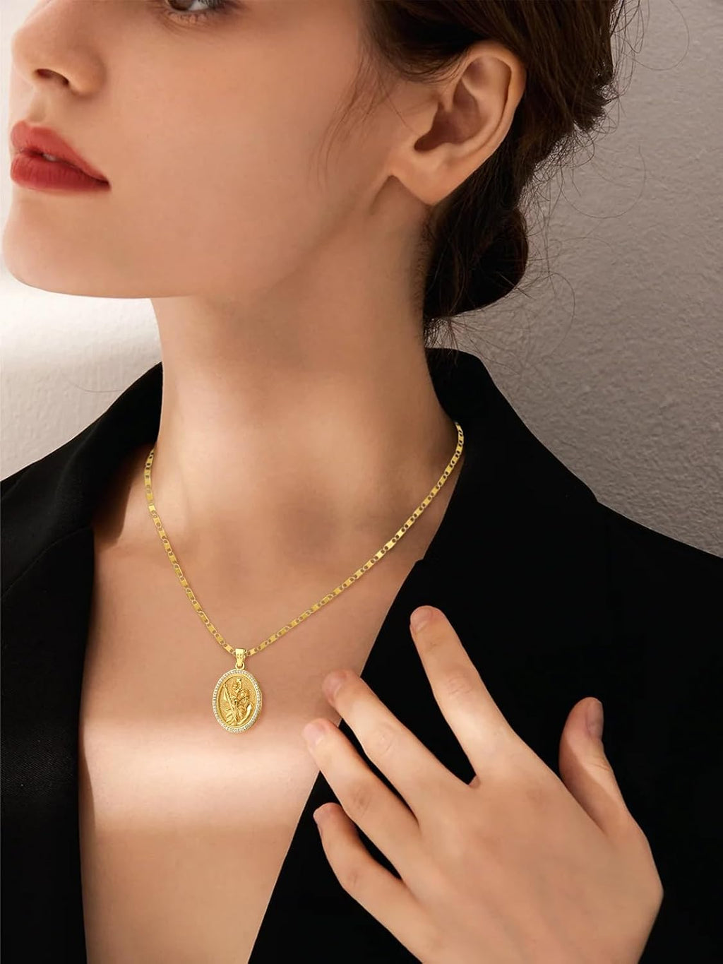 Patron Saint Medals, 14K Gold Catholic Pendant Necklaces, Personalized Christian Jewelry Religious Gifts for Women with 22'+2' Mariner Chain