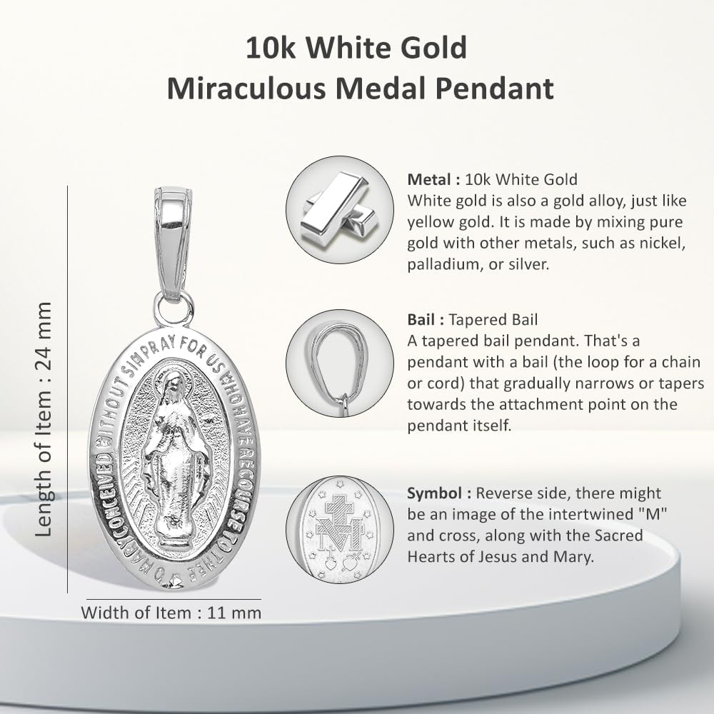 10K Yellow or White Gold Miraculous Medal Pendant (L- 0.95 Inch, W- 0.44 Inch)