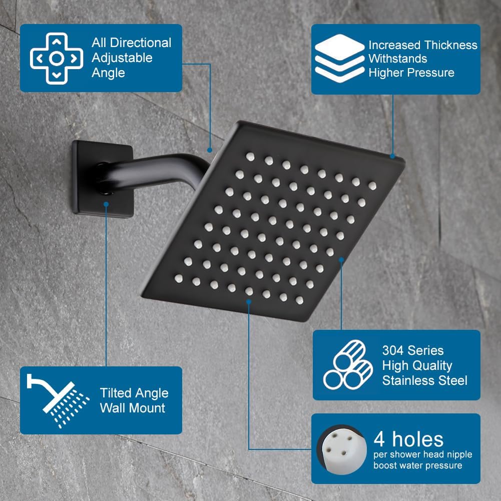 Matte Black Shower Faucet Set Rainfall 6 Inch Shower Head and Handle Set Bathroom Rain Shower System Wall Mounted Shower Fixture Include Shower Valve and Trim Kit