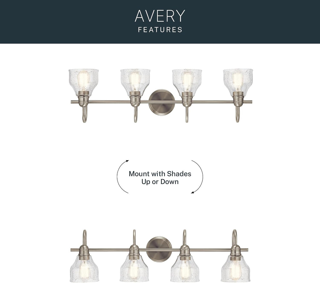 Kichler Avery 33.25' 4 Light Bathroom Vanity Light in Brushed Nickel, Vintage Bathroom Wall Mount Fixture with Clear Seeded Glass, (33.25' W x 9.25' H), 45974NI