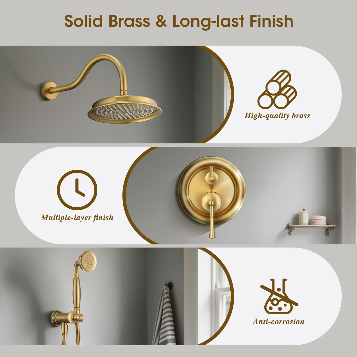 Rain Shower Head with Handheld Spray, Rainfall Shower System with Rough-in Valve, Luxury Shower Trim Kit Wall Mount, Brushed Gold