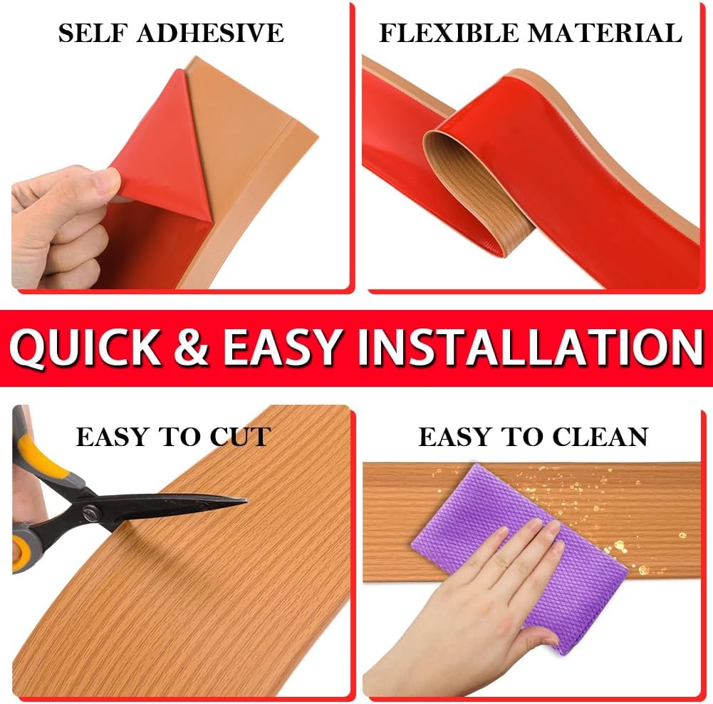 Vinyl Wall Base Baseboard Molding Trim 6' Flexible Self Adhesive Rubber Wall Base Moulding Trim Peel and Stick Design, 6 Inch x 100 Feet, Yellow Wood