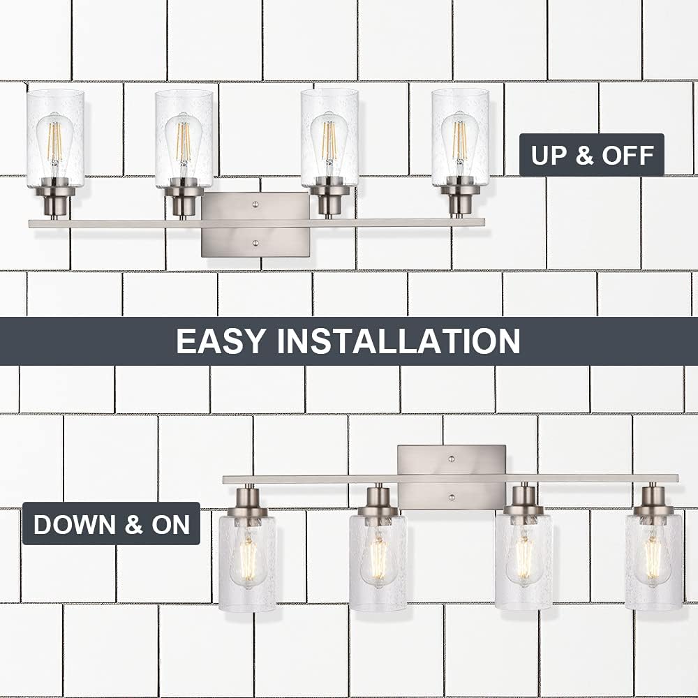 4-Lights Modern Vanity Light Fixtures for Bathroom Over Mirror, Farmhouse 31-Inches Length Seeded Glass Bath Wall Sconce Lighting in Brushed Nickel