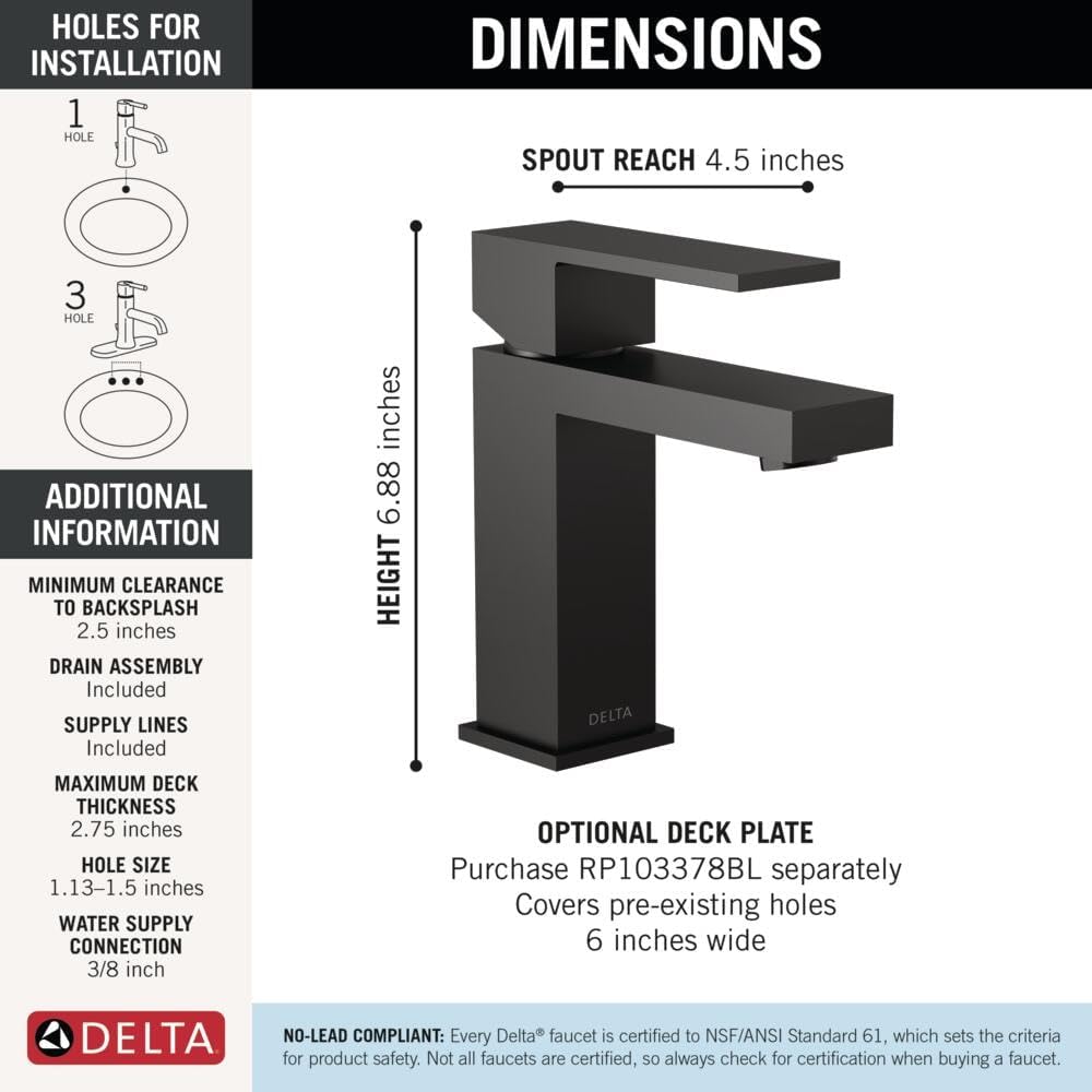 Delta Modern Matte Black Bathroom Faucet 1 Hole, Single Hole Bathroom Sink Faucet for Vanity, Metal Push-Pop Drain Assembly, Matte Black 567LF-BLGPM-PP