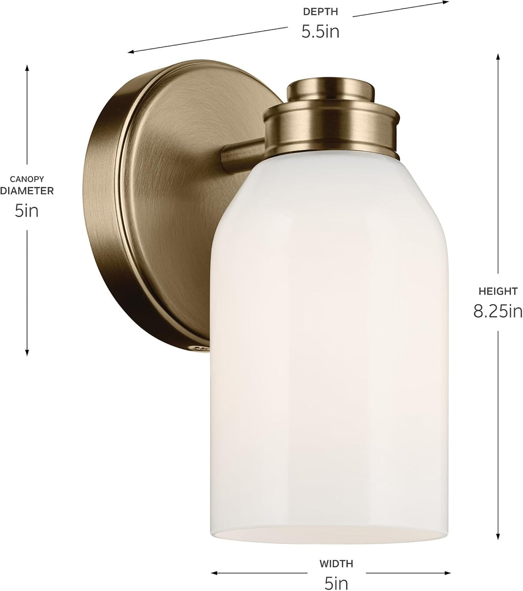 Kichler Shae 5' 1-Light Wall Sconce Bathroom Vanity Light Fixture with White Opal Glass in Champagne Bronze, Modern Style for Vanity Mirror, Fireplace, Hallway (8.25' H x 5' W), 55200CPZ