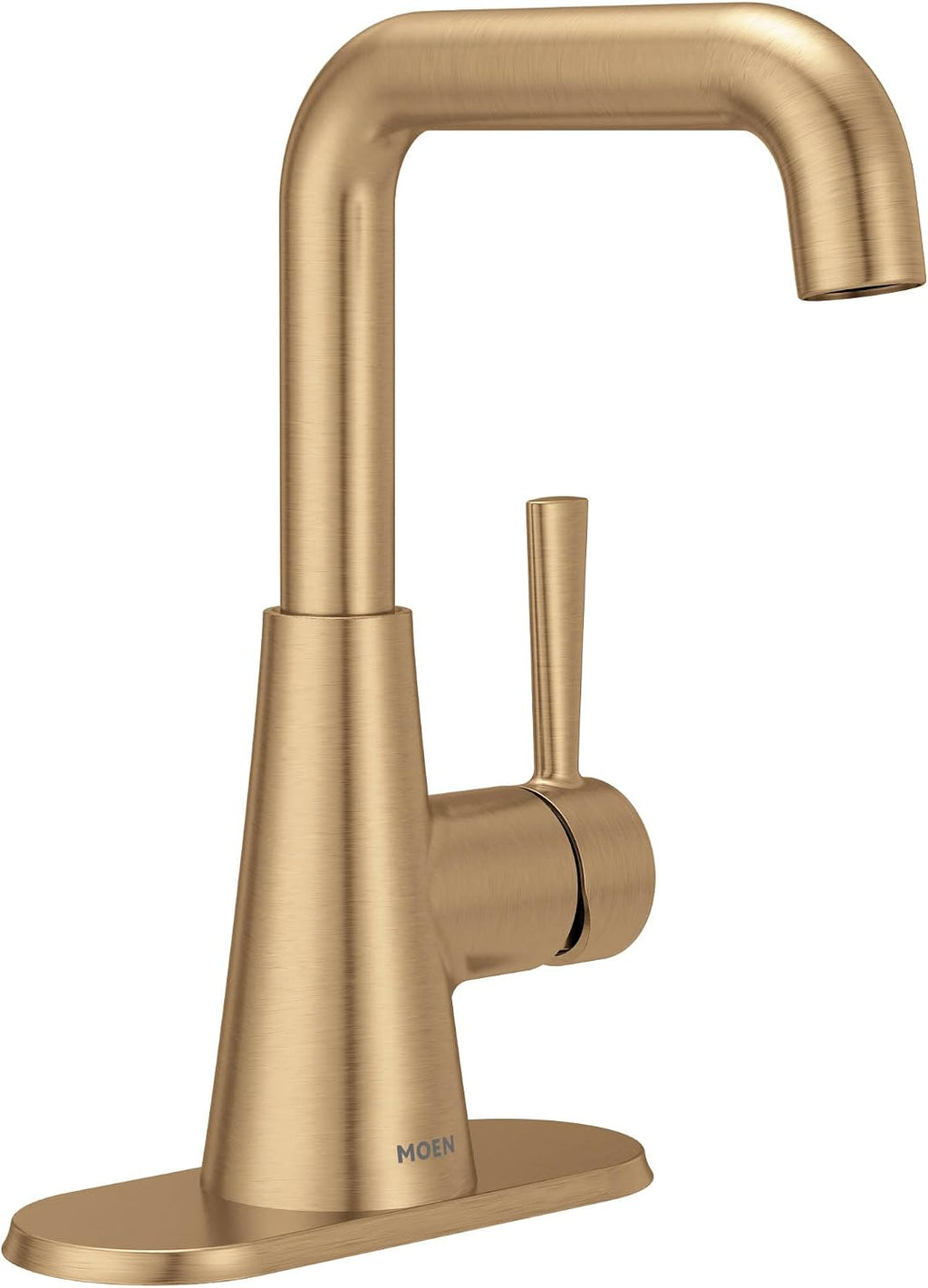 Moen Ronan Bronzed Gold Double Bend Single Hole Modern Bathroom Sink Faucet with Optional Deckplate and Spring Loaded Drain Assembly, 84024BZG