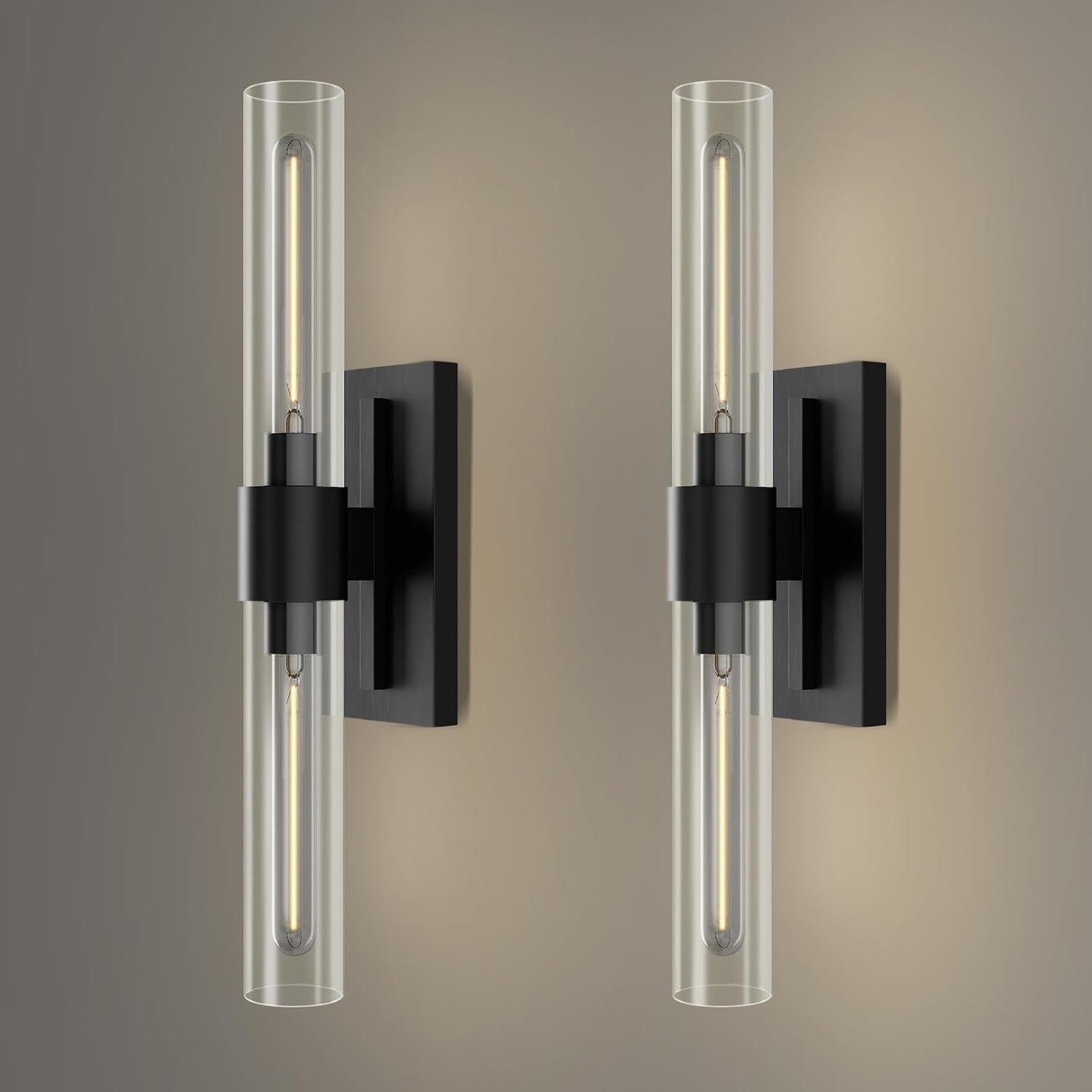 Black Wall Sconces Set of Two, Brass 22.8' Sconces Wall Lighting,Bathroom Vanity Lights with Clear Glass Shade for Mirror, Living Room, Bedroom, Hallway, Fireplace, Staircas（Including Bulb）